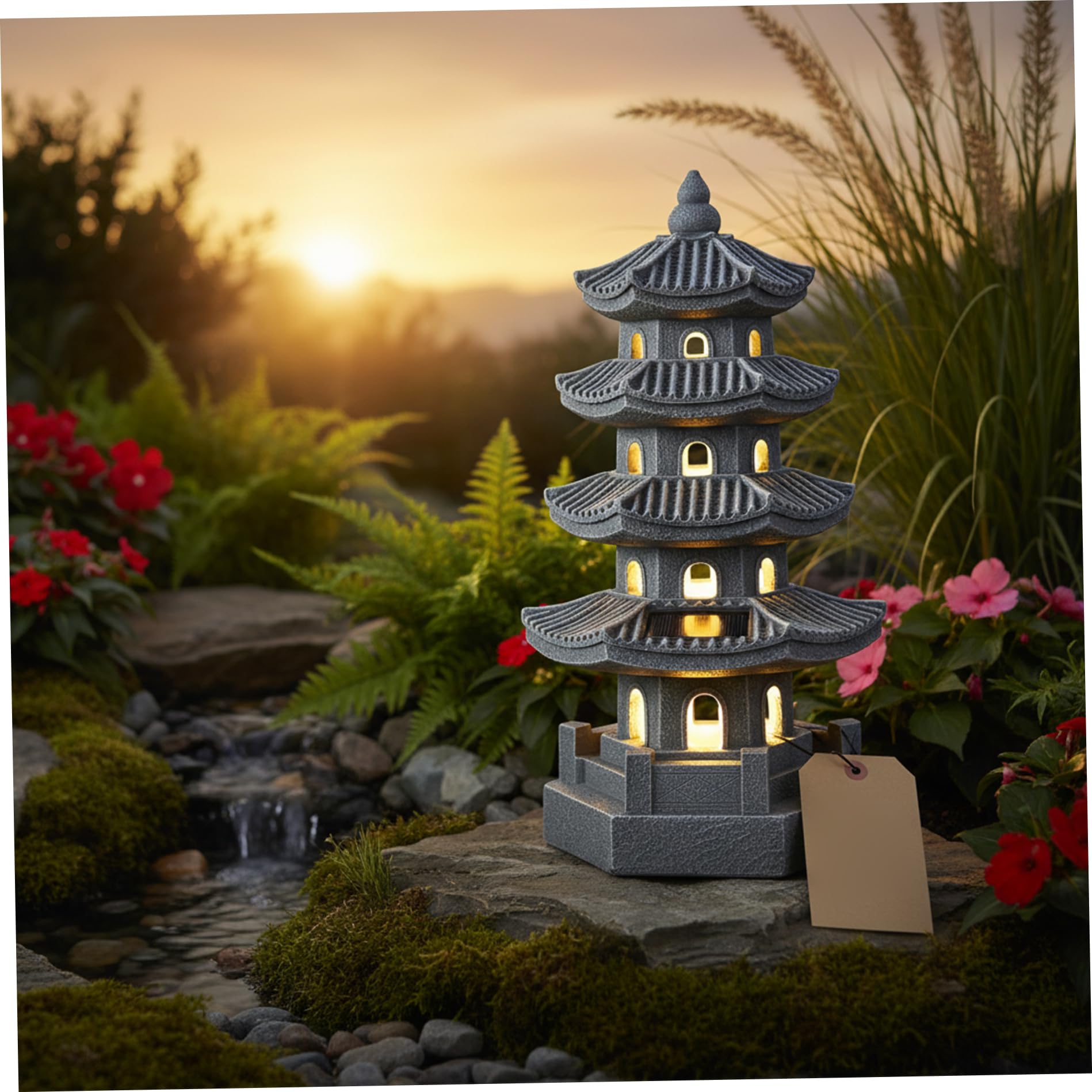 Statue de jardin pagode lanterne de pagode à énergie solaire en résine décoration jardin japonais zen extérieur pour balcon, patio, porche, cour 11, 4 x 4, 7 x , 7 pouces gris, statues, décoration j