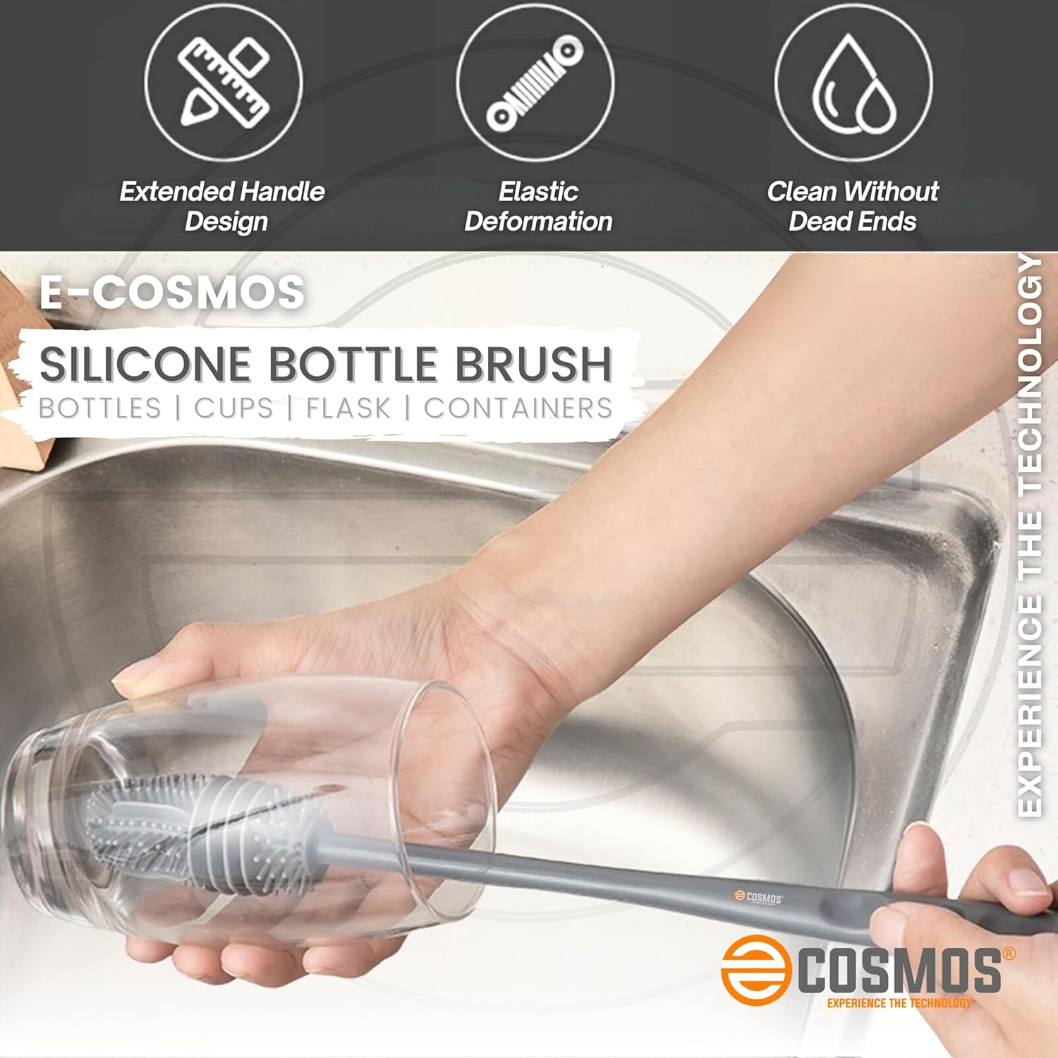 Bottle Cleaning Brush Silicone Long Handle, Black, 1 Count, 1 x Brush, Bottle, Vase, Container, Glass, Pitcher, Blender, Dish