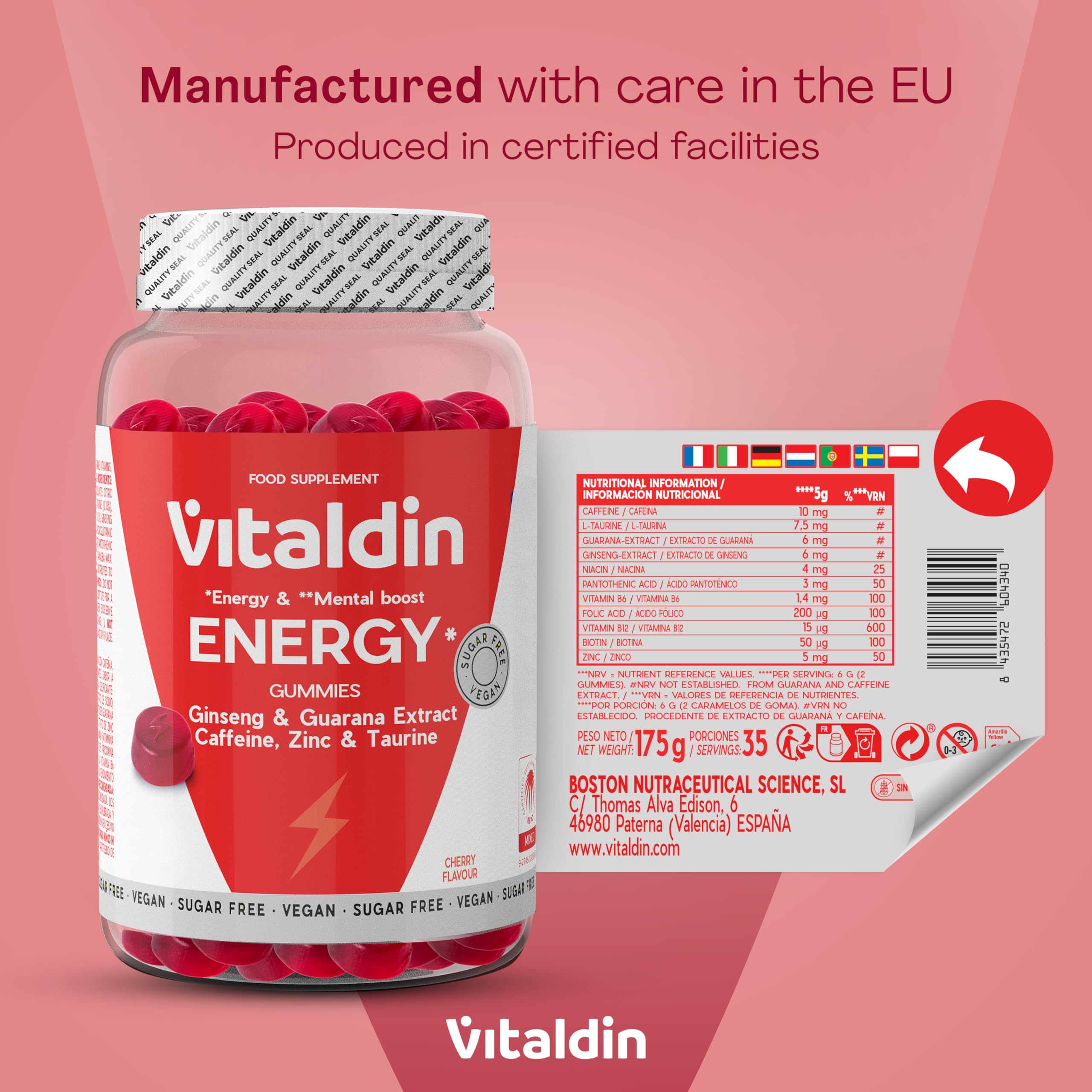 VITALDIN Energy Gummies –Gominolas Energéticas Veganas y Sin Azúcares añadidos–Con Ginseng,Guaraná,Cafeína,Taurina y Vitaminas B–Mejora la Concentración y Reduce la Fatiga–Sabor Cereza–70 gomas