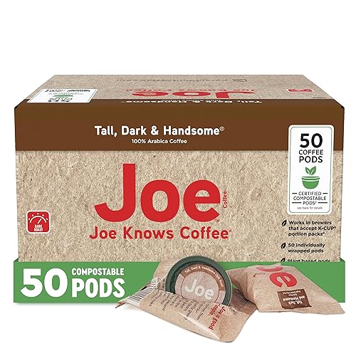 Joe Knows Coffee, Tall Dark & Handsome - 50 cápsulas de café tostado oscuro compostables | Sabor audaz y rico | Compatible con cafeteras K-Cup |