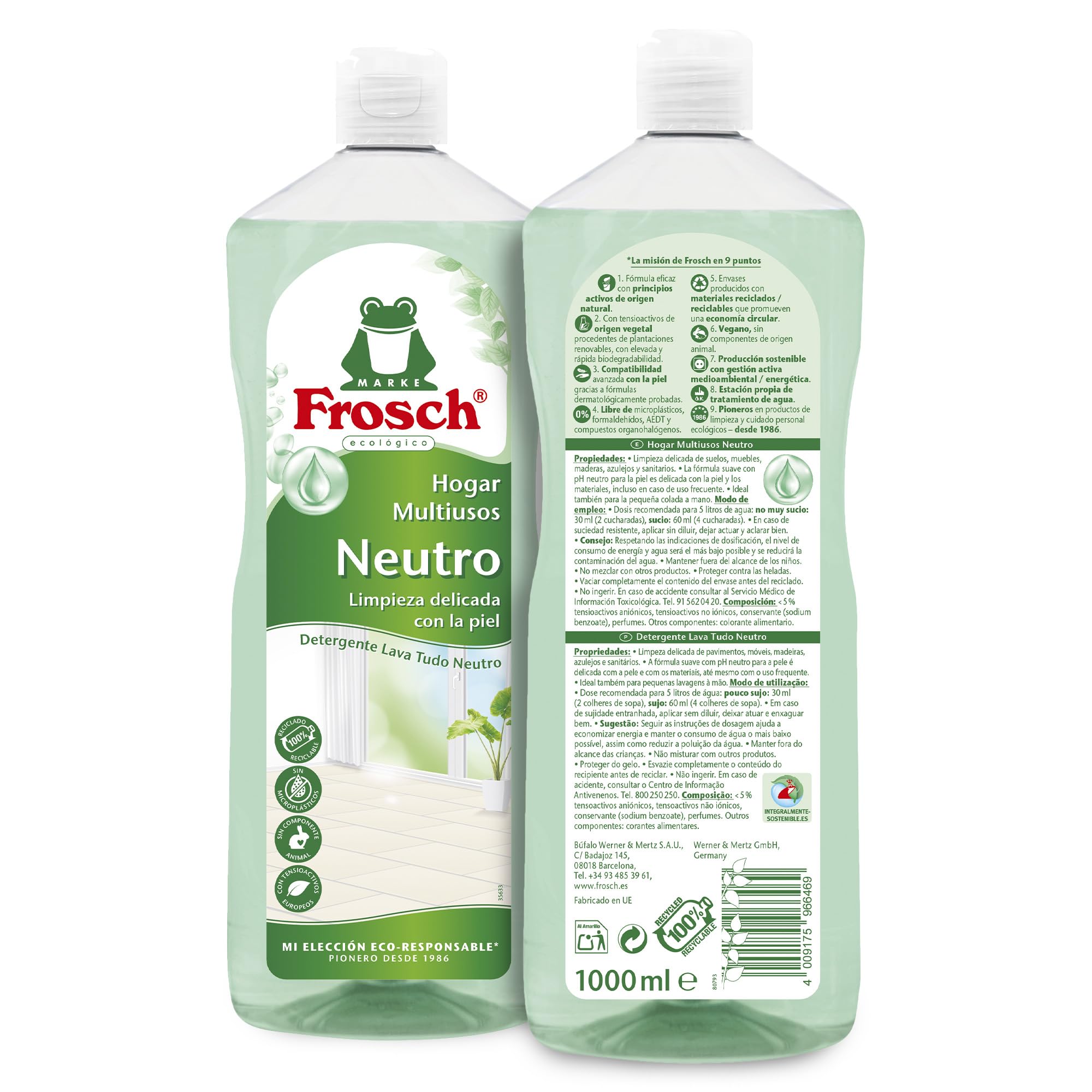 Frosch - Ökologischer Allzweckreiniger für den Haushalt mit neutralem pH-Wert, reinigt alle Oberflächen und pflegt die Haut - glänzendes und langlebiges Ergebnis - Packung mit 10 Stück x 1 l