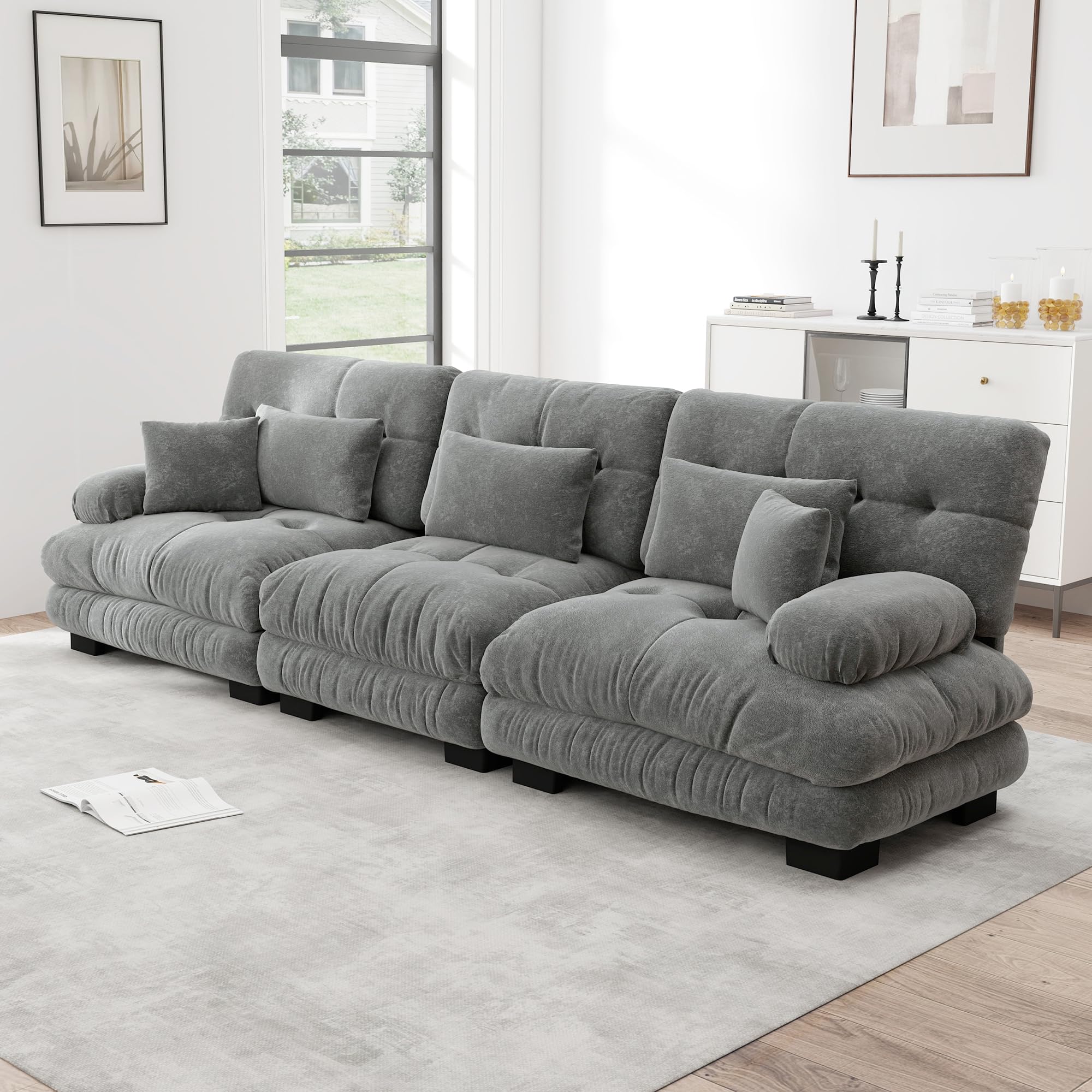 Divano angolare modulare in ciniglia a 3 posti con sedile profondo, comodo divano letto imbottito per soggiorno, appartamento, studio, ufficio, ciniglia grigio