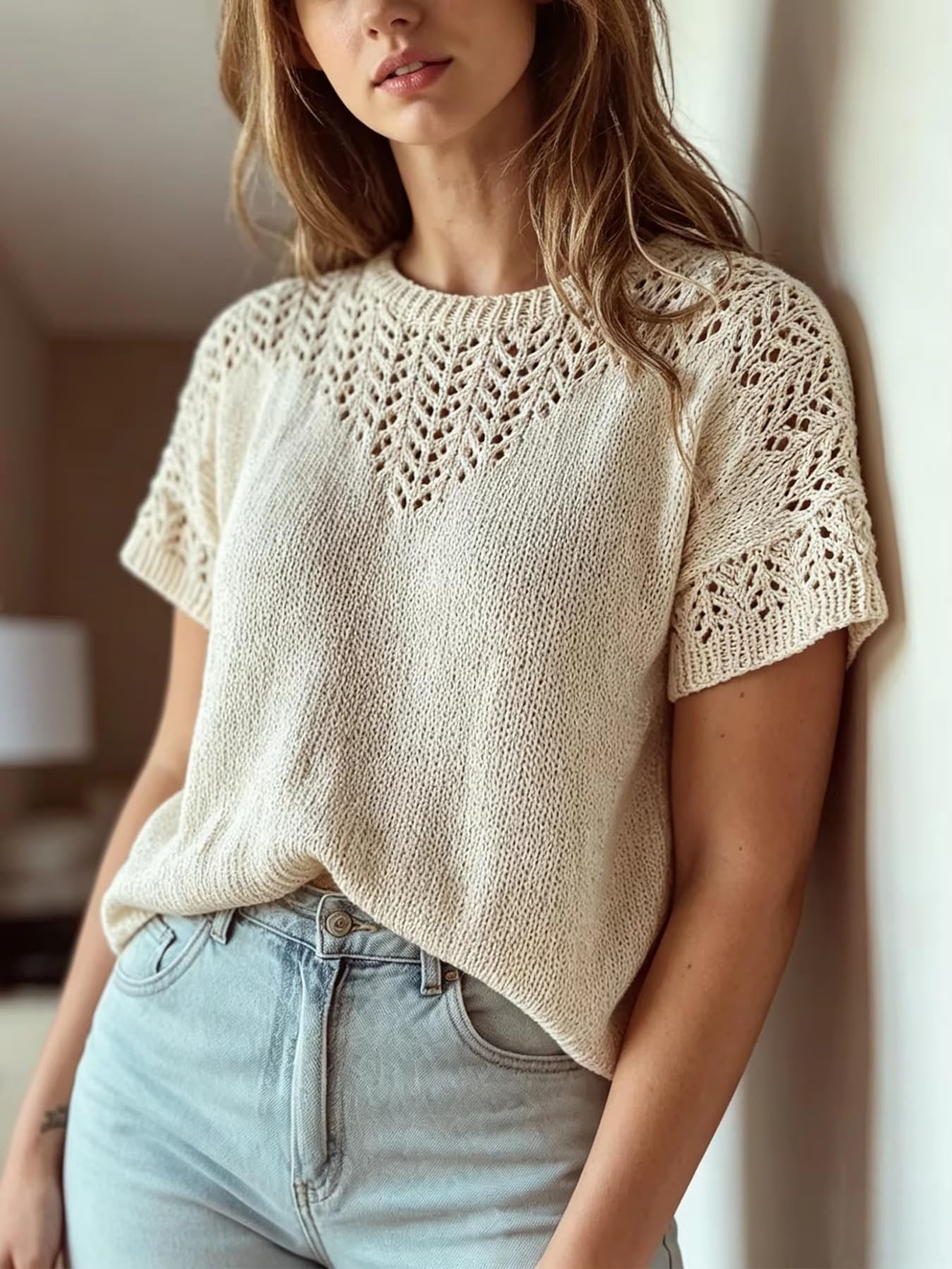 Maglia Traforata Donna, Top Estivo Morbido e Traspirante a Collo Rotondo