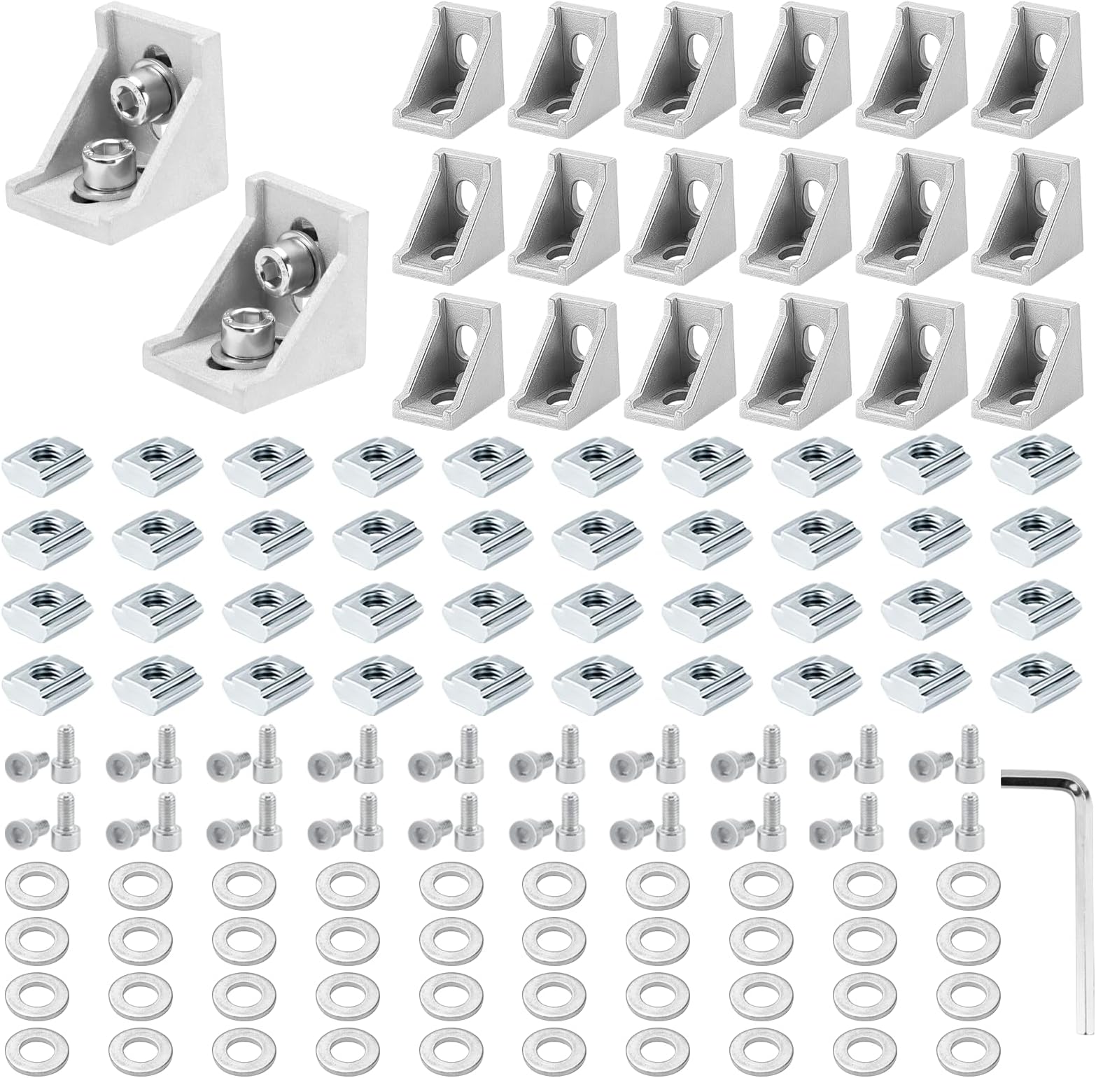 20 Set Silver 4040 Series Aluminum Extrusion Profile Connector, Includes 1pc Wrench, 20pcs 3540 Corner Bracket, 40pcs M8 T-Slot Sliding Nuts and Hex Screw Bolt for 20S Aluminum Rail Accessories