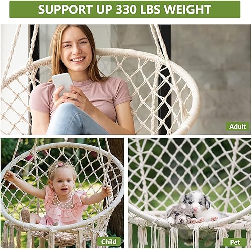 Miniatura 6 de HBlife - Silla hamaca, columpio colgante con macramé y cojín, máximo 150 kg, silla colgante de cuerda de algodón beige para interiores, exteriores,