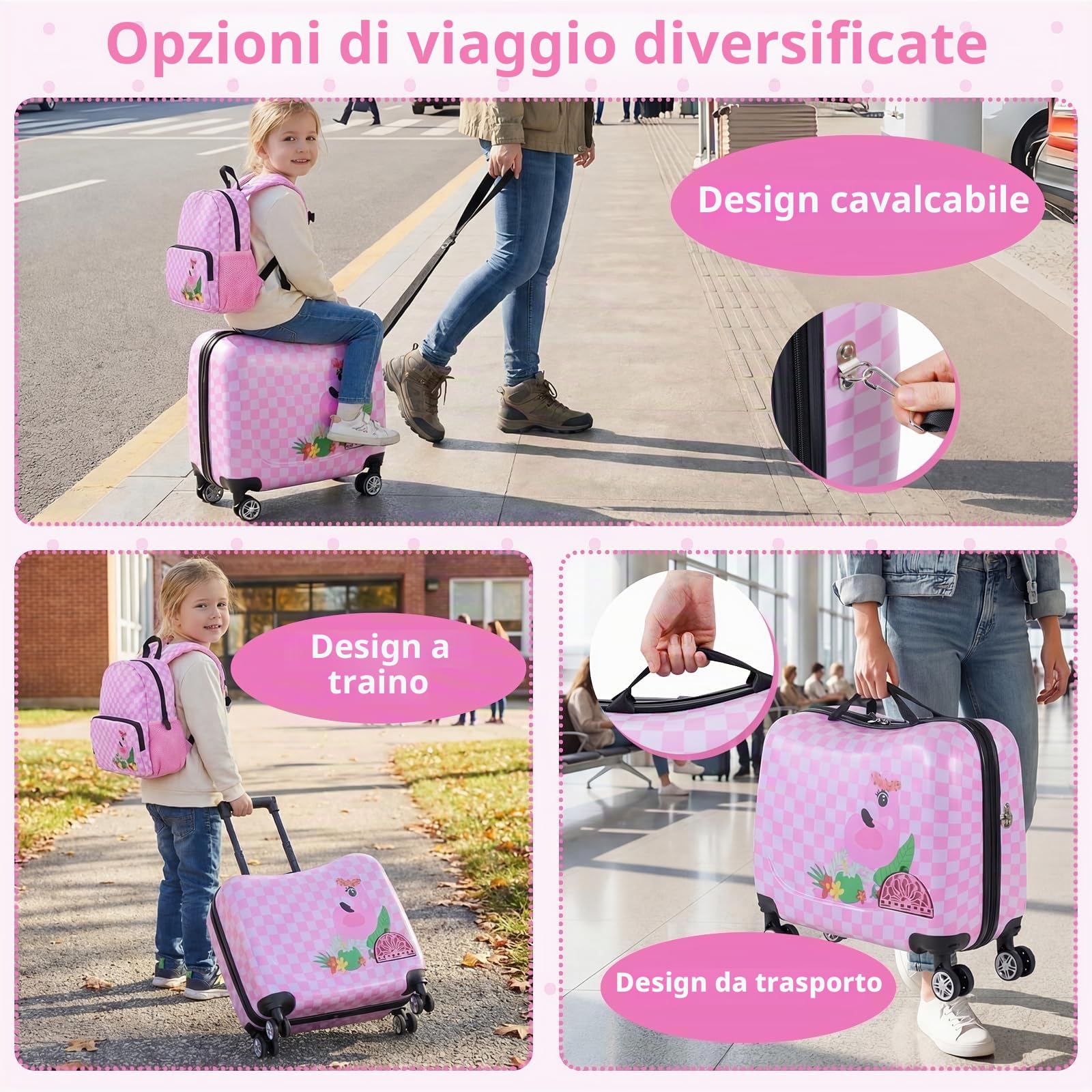 SOARS Set di Valigia Cavalcabile 18’’ + Zaino 12’’ per Bambini 2 Pezzi, Bagagli 2-in-1 di con Maniglia Telescopica e 4 Ruote, Trolley Bagaglio a Mano e Zaino per Bambini (Rosa Fenicottero)