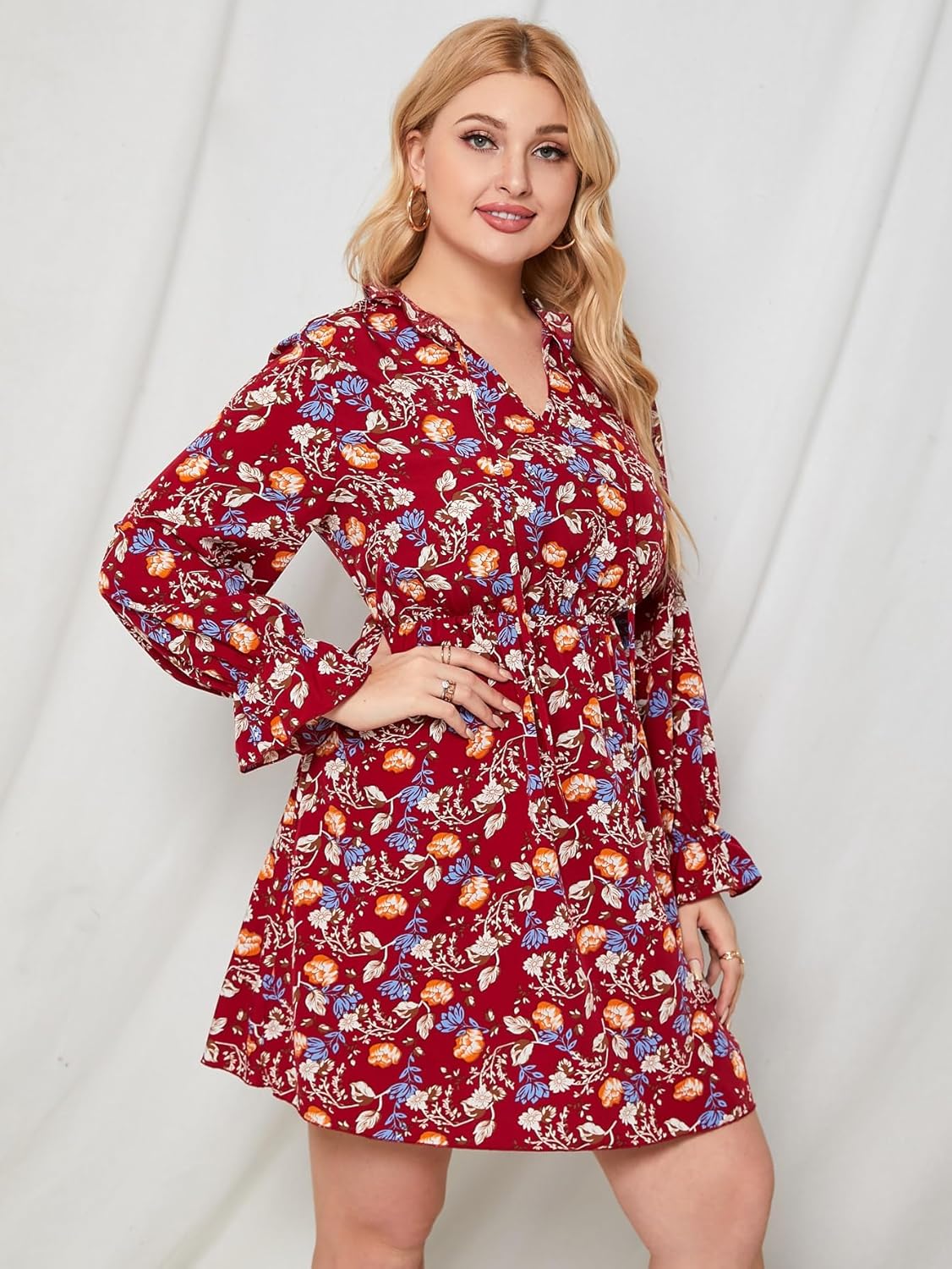 Dress for Women Floral Mini Button Down V-Neck Short Dress, High Waist Tie Belt Flowy Summer Casual Spring Outfits - Image 5