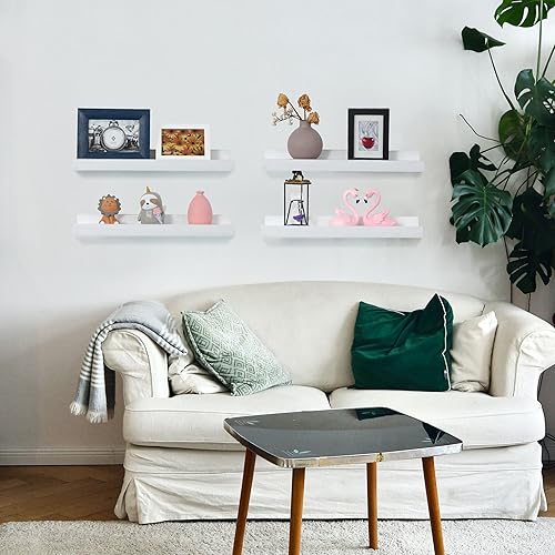 Miniatura 2 de PHOENANCEE Estantes flotantes con labio, marco de fotos, juego de 4 repisas de madera rústica, para almacenamiento de pared, para sala de estar