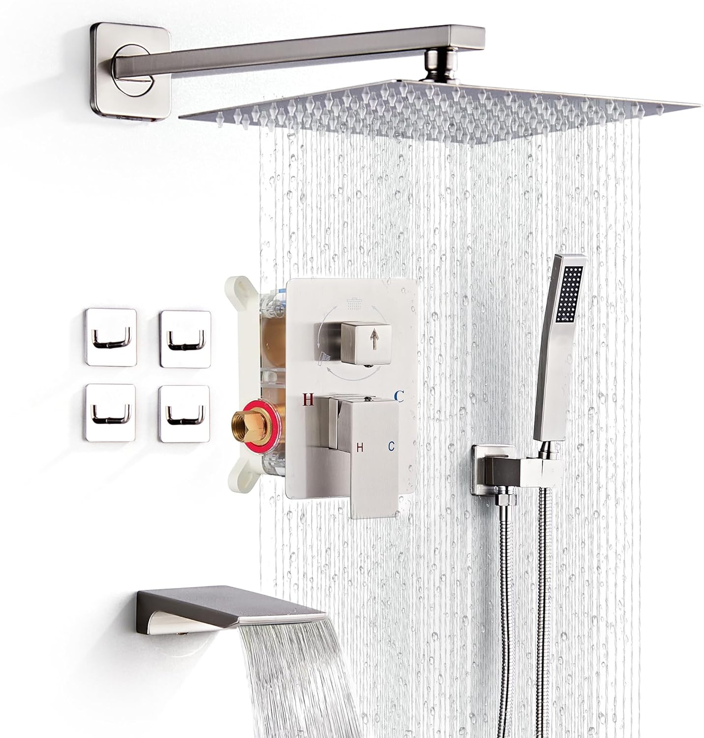 Shower Faucet Set Complete with Tub Spout Shower System Wall Mounted with 8 inch Rainfall Shower Head and Handheld Shower Rain Shower Combo for Bathroom, Brushed Nickel