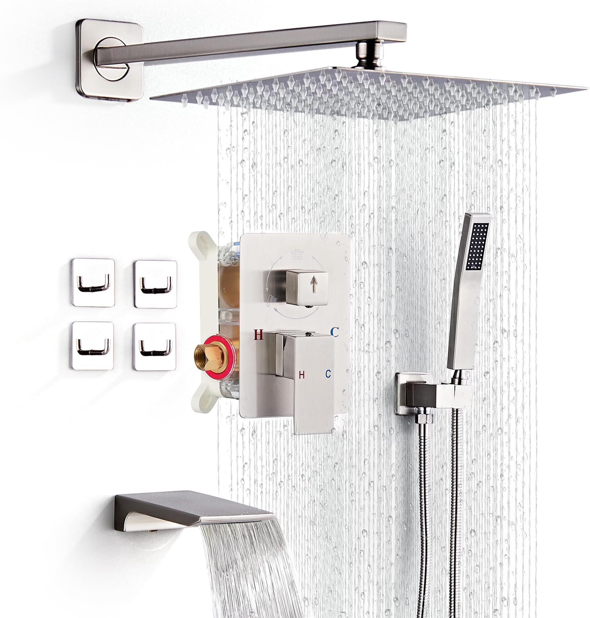 Shower Faucet Set Complete with Tub Spout Shower System Wall Mounted with 8 inch Rainfall Shower Head and Handheld Shower Rain Shower Combo for Bathroom, Brushed Nickel