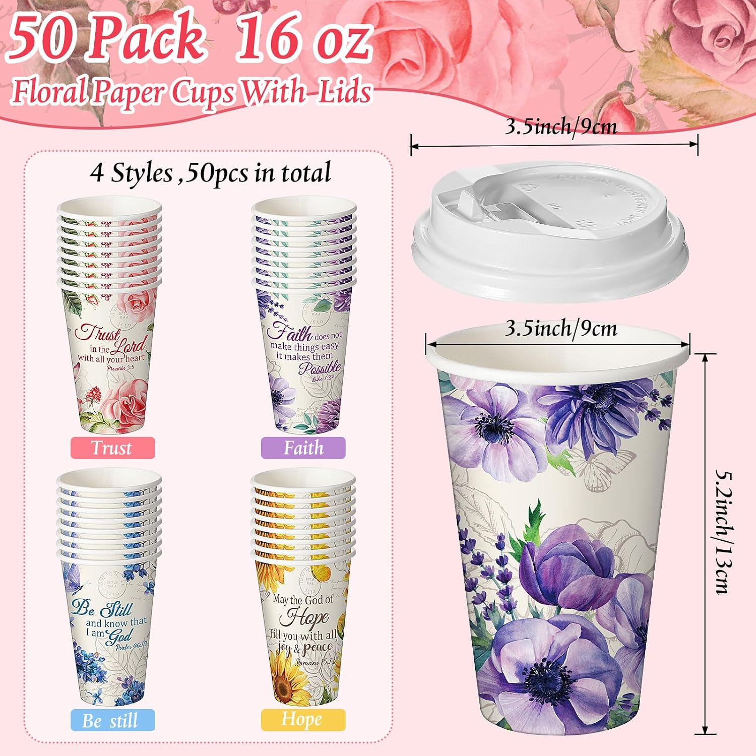 Dandat 50 Pcs Christian Disposable Coffee Cups with Lids 16 oz Floral Tea Scripture Paper Cups Bulk Bible Verse Coffee Drinkware for Religious Church Wedding Baby Shower Home Offices Supplies image 2
