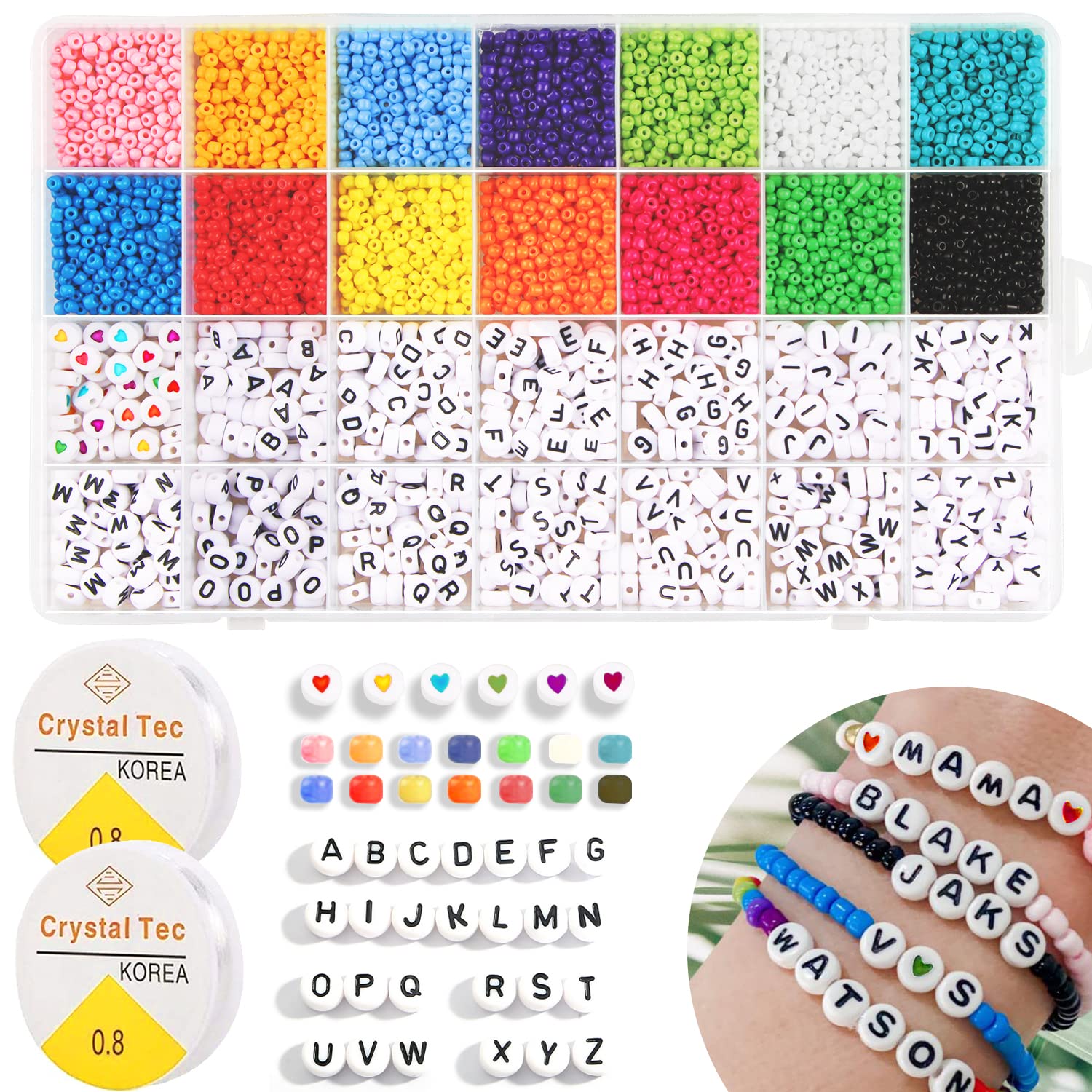 FEHCBIO Zelf maken kralen voor armbanden, kralenset 3mm, 16000 stuks, 48 kleuren matte glazen kralen met letters, kralen om te rijgen, cadeau-idee