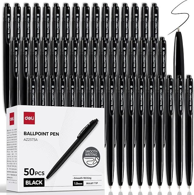 Deli Stylos en vrac, 50 Pack stylos à bille rétractables, 1.0MM Encre noire, écriture lisse, pas de saignement, poignée confortable pour la maison, Bureau & Utilisation scolaire