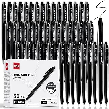 deli Pens Bulk, 50 Pcs Retractable Ballpoint Pens, 1.0MM Black Ink,Smooth Writing, No Bleed, Comfortable Grip for Home,Office & School Use