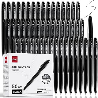 deli Pens Bulk, 50 Pcs Retractable Ballpoint Pens, 1.0MM Black Ink