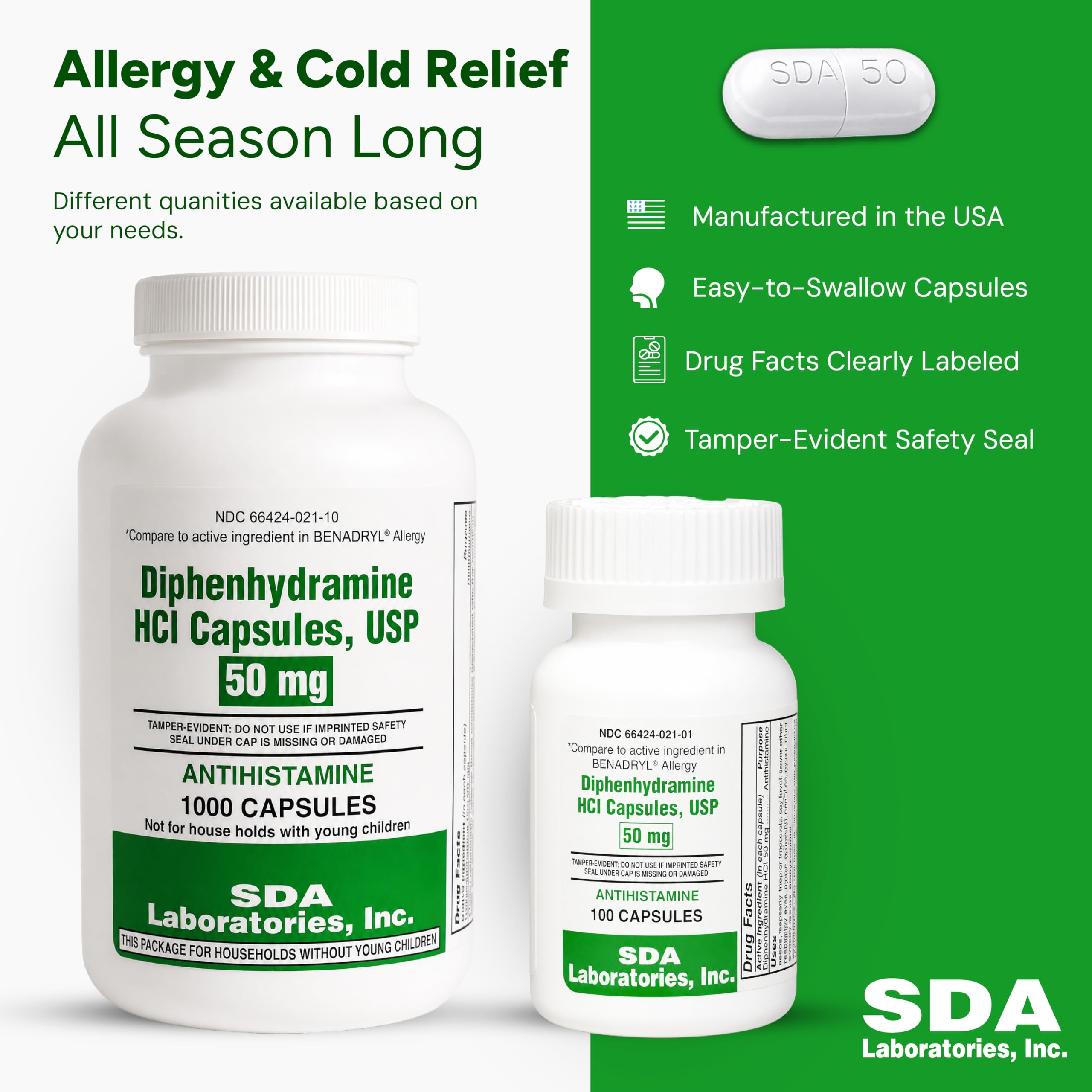 SDA LABORATORIES Diphenhydramine HCl 50mg Capsules (1000 Count) — Amazon image 6