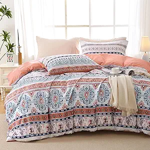 MUXHOMO Duvet Cover King Size, Reversible Floral Vintage Duvet Cover Set with Zipper Closure, 3 Pieces Botanical Patterns Soft Microfiber Bedding Set (90"x104", 2 Pillow Cases 20"×36", Boho Pink)