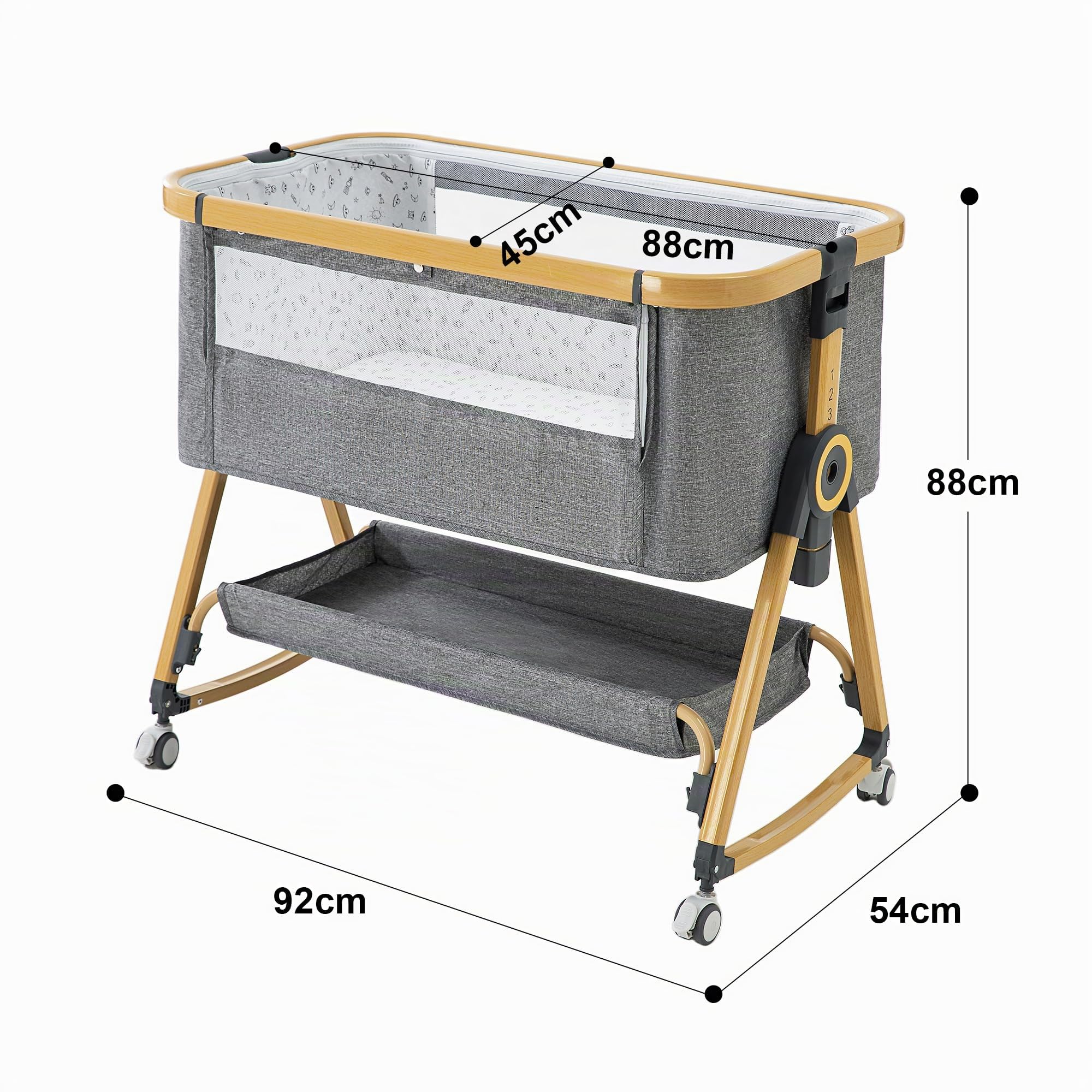 YAZOCO Berceau Bébé 3 en 1 Lit Cododo avec Matelas, Hauteur Réglable 6 Niveaux, Inclinaison 5° Scientifique, Panier Rangement Gris