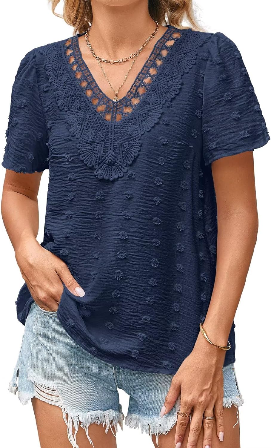 Summer Tops For Women 2026 Boho Swiss Dot Blouses Short Sleeve Shirts Flowy V Neck Casual Peasant Lace Hem Clothing