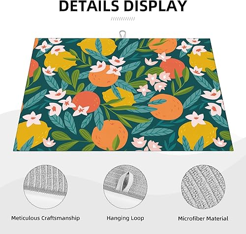 Miniatura 4 de Tapete de secado de platos para encimera de cocina, naranja limón y flores, tapete de microfibra para secar platos, tapete escurridor de platos para