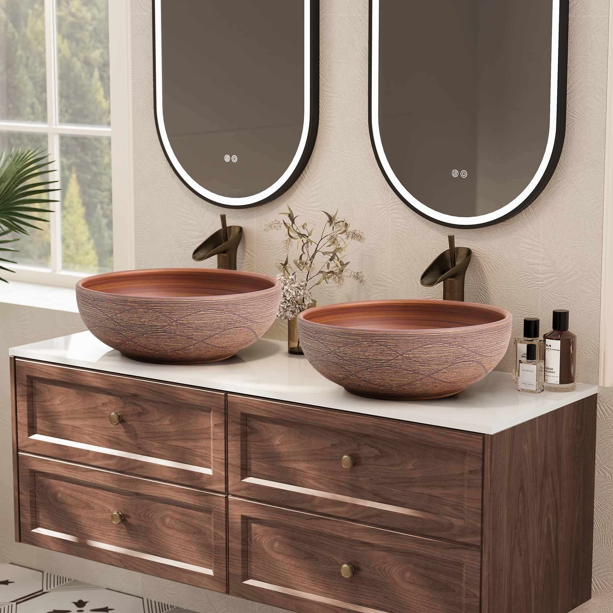 Homary Bathroom Vessel Sink, 15.07" Round Bowl Sink Retro Ceramic Washbasin Above Counter for Bathroom,Without Pop-up Drain, Retro Brown, Pack of 2