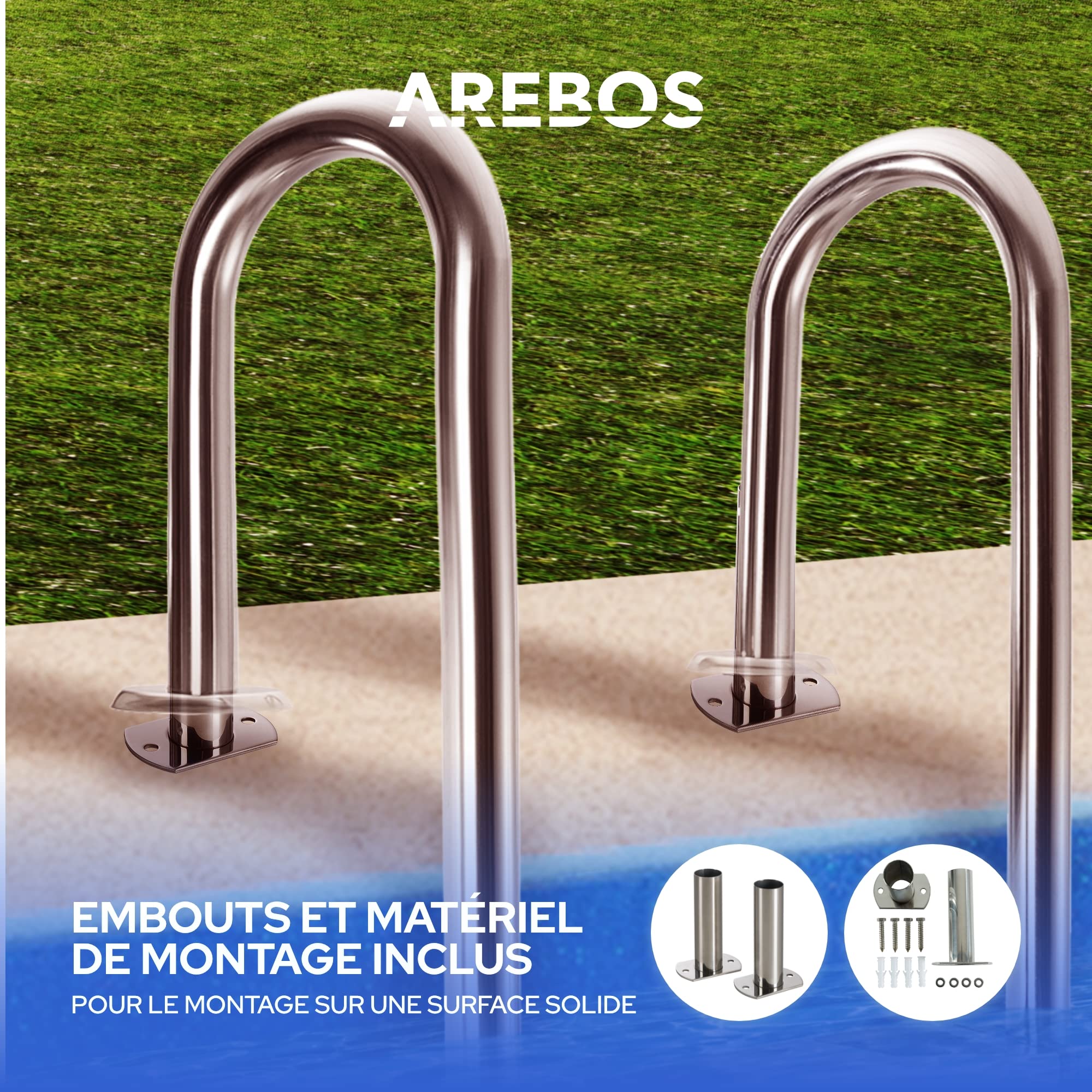 Arebos Échelle de Piscine INOX 3 ou 4 marches Patins antidérapants Dimensions 132 x 45 x 23 cm Argent