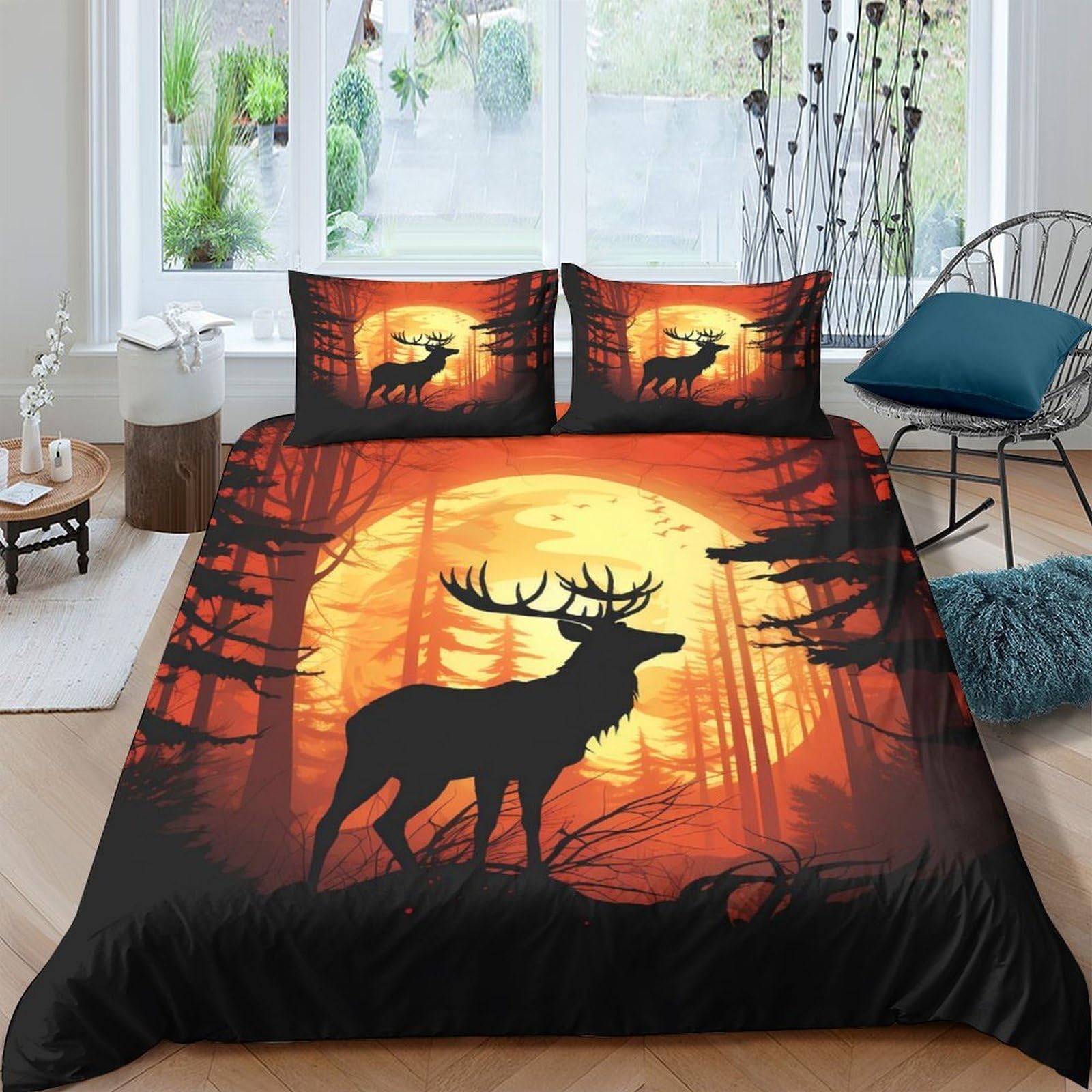 Ctjqhvkz Style-5 3D Printed Forest Sunset Fitted Sheet Microfiber Stag Silhouette Mattress Cover For Bedroom Dorm Easy Care Decor Single（135X200cm）