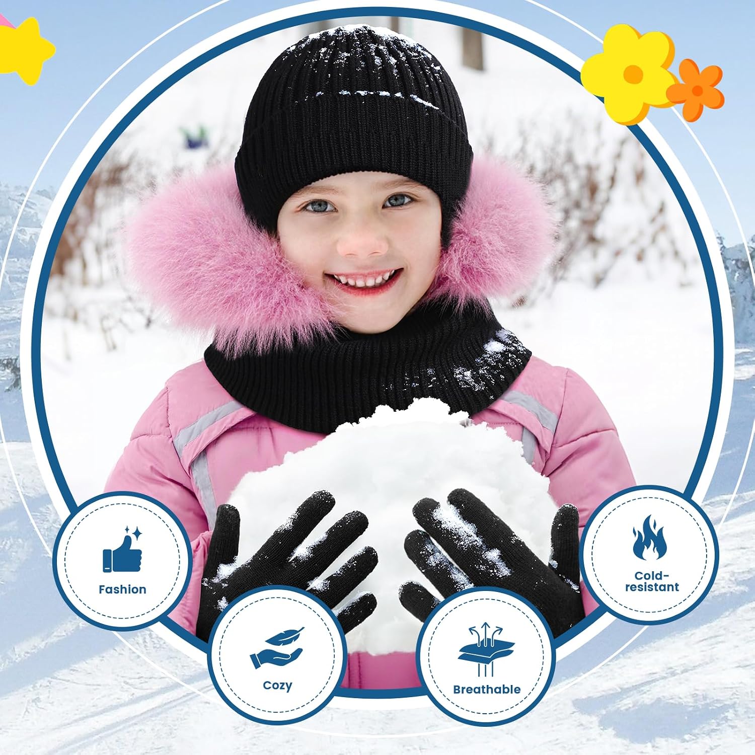 Kids Hat and Gloves Set - Winter Scarf Beanie Hat Kids Gloves Touchscreen, 3 Pcs Neck Warmer Scarf Black Stain-Resistant Set