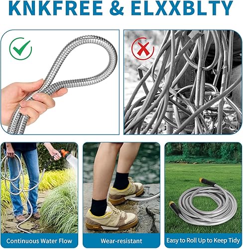 Miniatura 3 de Manguera de jardín de metal de 25 pies, manguera de agua resistente de acero inoxidable, boquilla de pulverización ajustable, ligera, sin