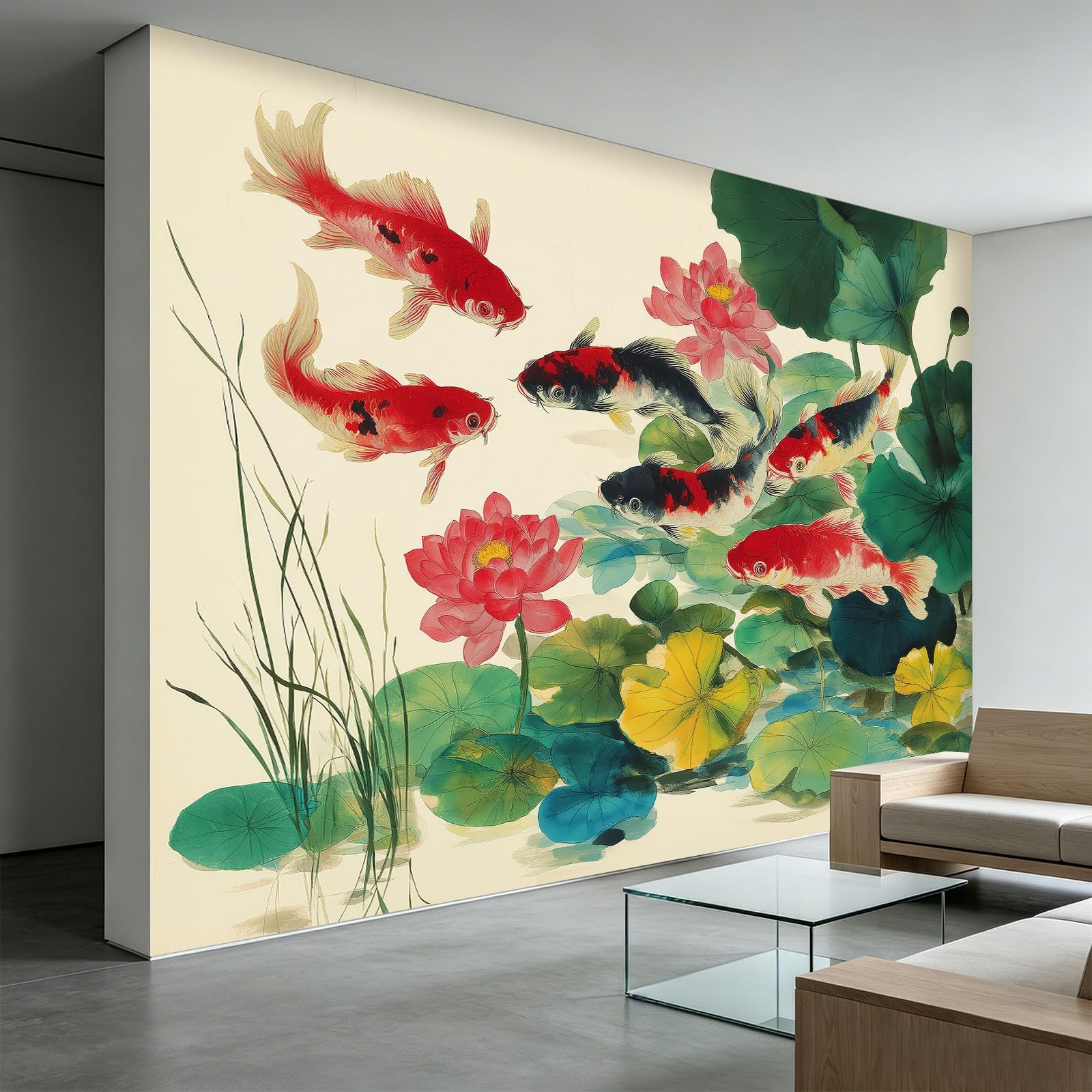 Fototapeta, ryba koi, lotos, lilie wodne, 450 x 315 cm, malowidło ścienne, malowanie farbą, włóknina, plakat, fototapeta, salon, dekoracja ścienna