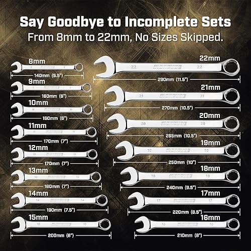 Miniatura 2 de Juego de llaves combinadas métricas largas 15 piezas de 0.315 in a 0.866 in - acero al cromo vanadio - pulido espejo con bolsa de transporte para