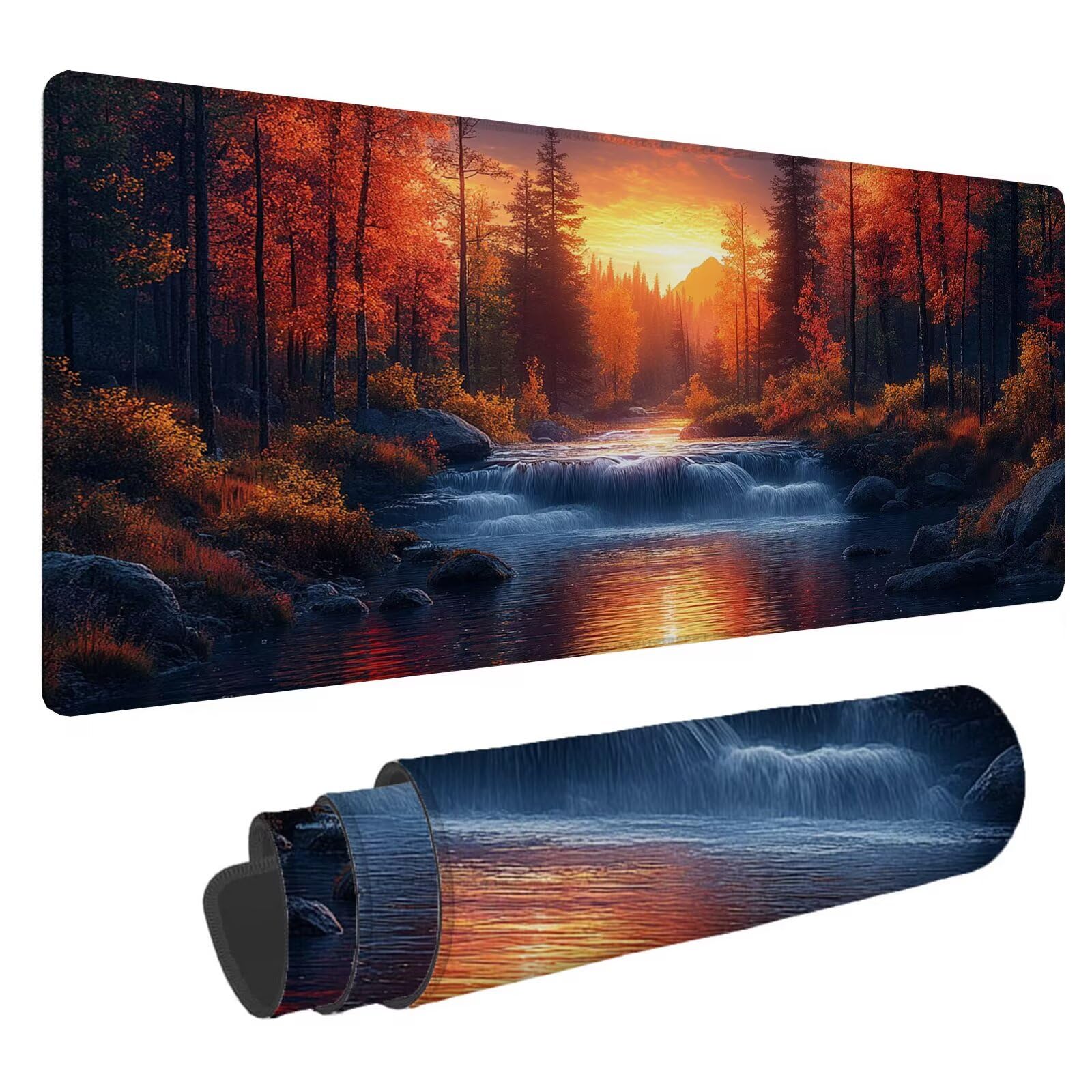 Leśna podkładka pod mysz XXL Zachód słońca 1600 x 800 x 4 mm Podkładka pod mysz do gier, duża wodoodporna antypoślizgowa podkładka na biurko, podkładka pod mysz szyte krawędzie dla graczy, komputer,