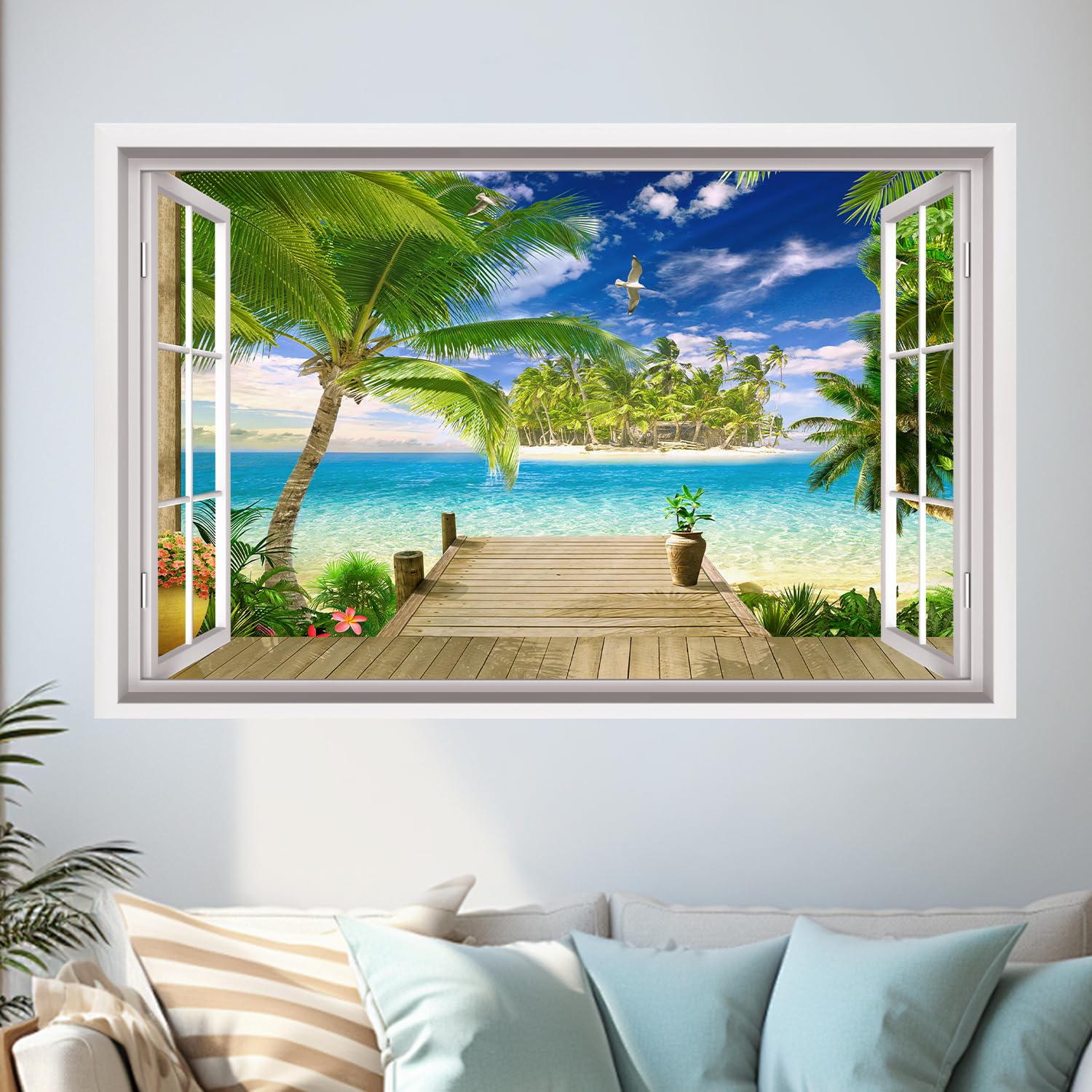 HPNIUB 3d Kaputter Wandaufkleber,90 * 60cm(BxH),Wandtattoo Wohnzimmer Landschaft,Selbstklebend Wandsticker Meer Baum Poster,Vinyl Wandaufkleber Durchbruch Deko für Wohn (Kokospalmen)