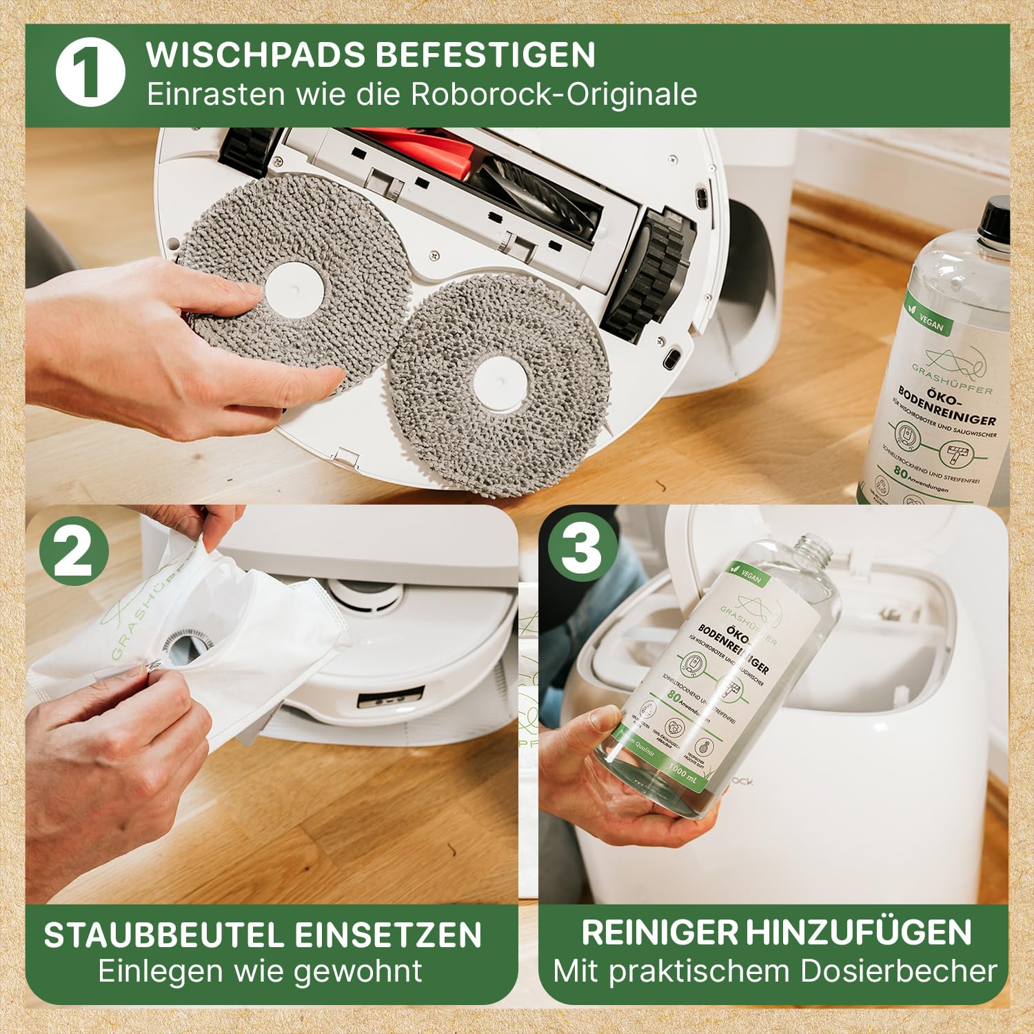 GRASHÜPFER® Roborock Qrevo/Saros 10R, 20 Sorglospaket – 2x Öko-Bodenreiniger (Zitrusblüte & Tropisch) + 3 Wiederverwendbare Staubbeutel + 6 Waschbare Wischpads – Zubehör & Ersatzteile für Wischroboter