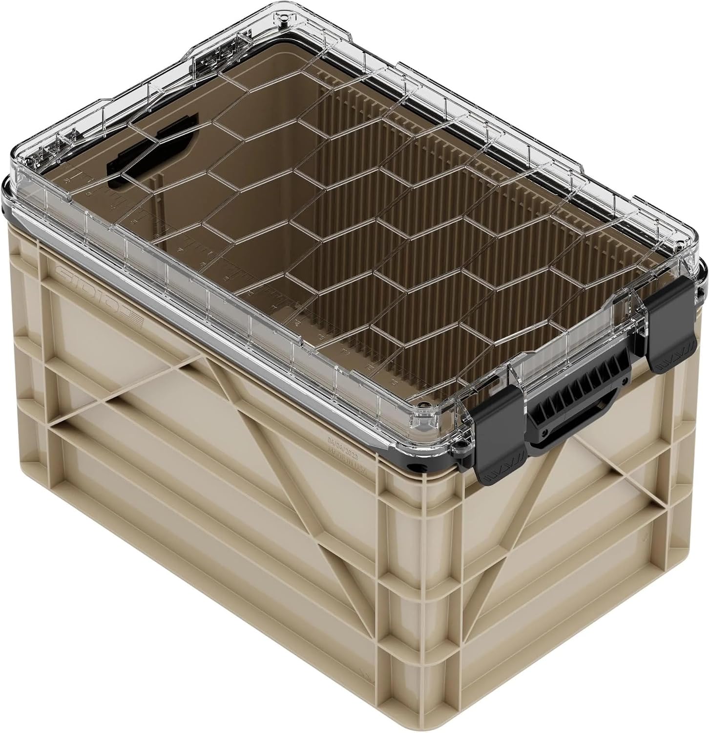 SIDIO Weather Resistant Storage Bins and Camping Storage Box - Full-Size Stackable Plastic Bin with Dividers for Camping, Garage Organization, Home Storage - Heavy Duty Organizer Box (Tan)
