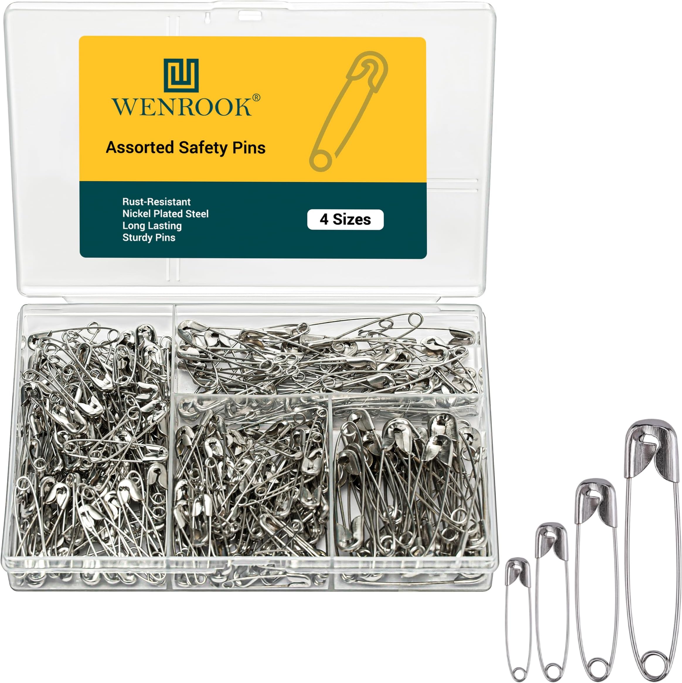 Wenrook 300 Pack Safety Pins Assorted, 4 Different Sizes, Strong Nickel Plated Steel, Safety Pins for Clothes, Crafts, Pinning and More