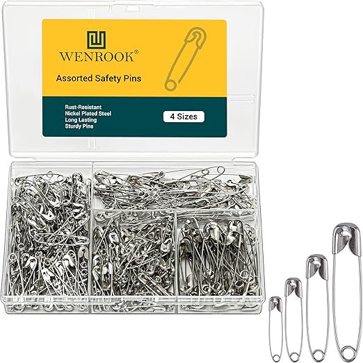 300 Pack Safety Pins Assorted, 4 Different Sizes, Strong Nickel Plated Steel, Safety Pins for Clothes, Crafts, Pinning and More