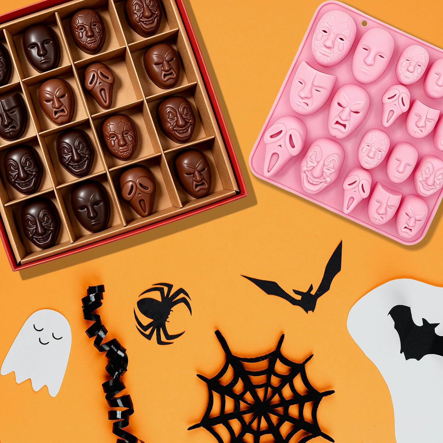 2 Pack Halloween Chocolate Molds Molds 18 Cavity Halloween Ghost Themed Baking Mould Tray DIY Baking Tool for Chocolate Cake Dessert Candy Mousse Pastry Cupcake Topper Soap Crayons Plaster Casting