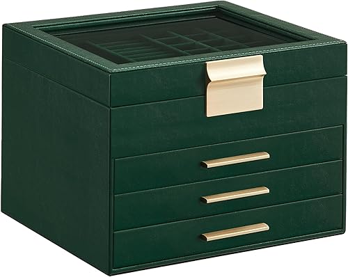 SONGMICS Joyero organizador con tapa de cristal, almacenamiento de joyas de 4 capas, con 3 cajones, estilo moderno, regalo de Navidad, 8 x 9.1 x 6.5