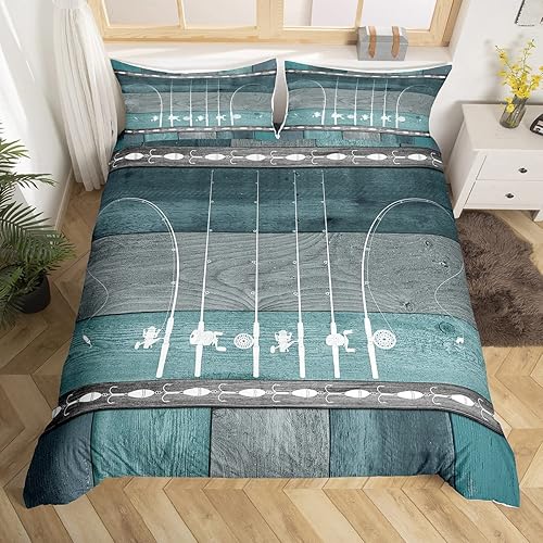 Funda de edredón de pesca tamaño Queen, funda de edredón de caña de pescar, regalos de pesca para hombres, juego de ropa de cama de madera de