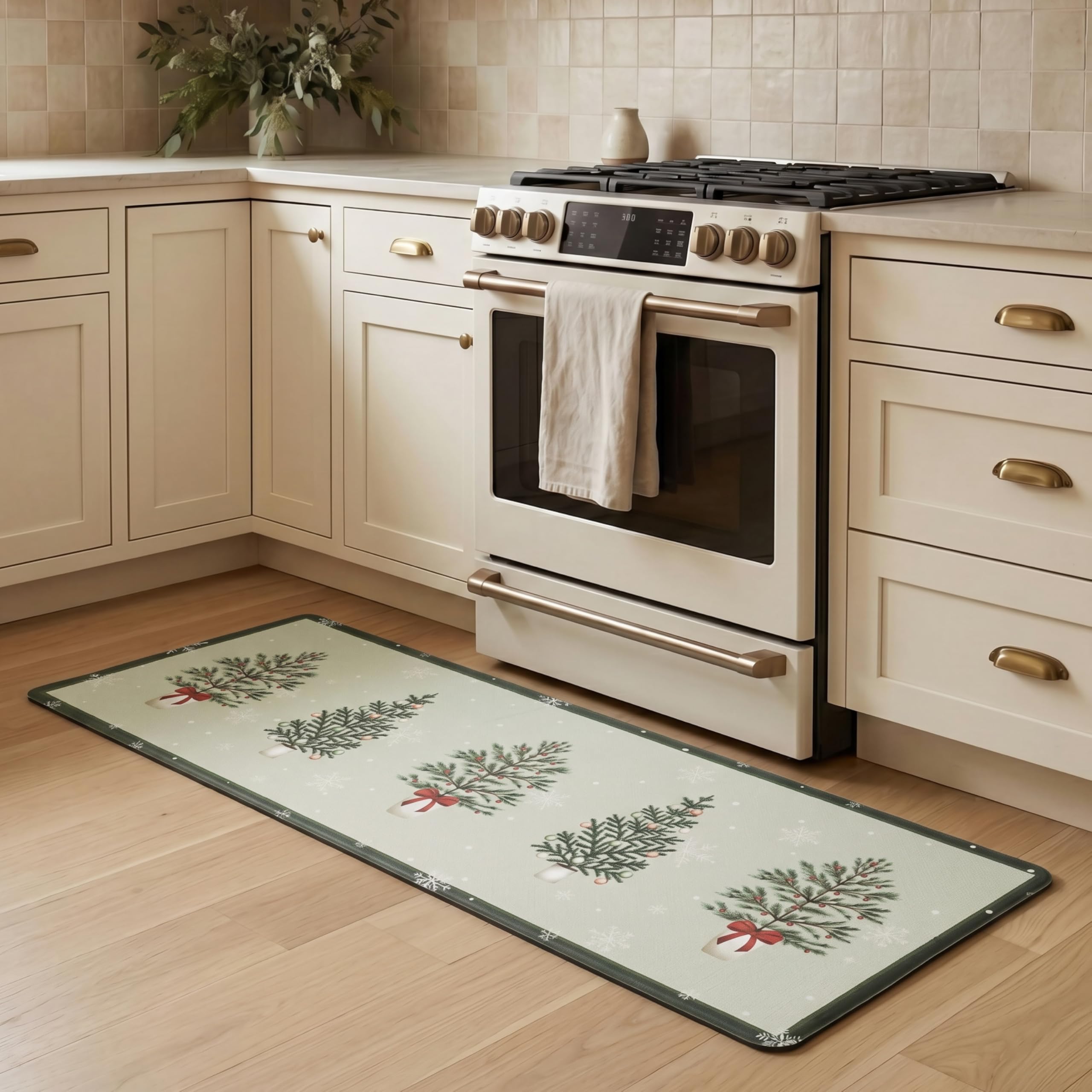 Laura Ashley Chritmas Hollybrook Anti Fatigue Kitchen Mat, Non Slip Cushioned Comfort Floor Mat, 17.5"x48", Green