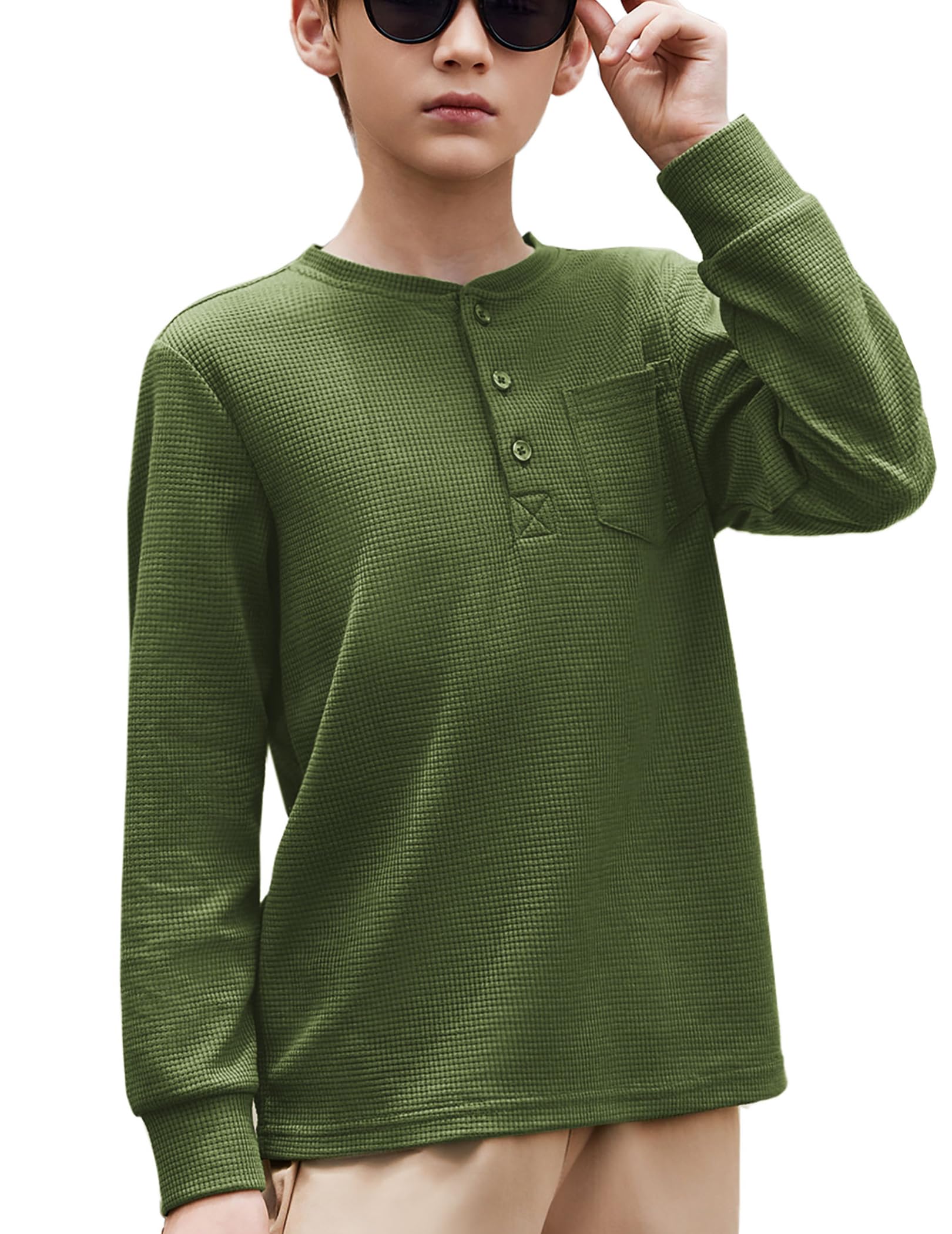 Arshiner Jungen Langarmshirt Henleyshirt Kinder Einfarbig Oberteile Top Frühling Herbst Winter Basic Langarm Freizeit Tshirts mit Brusttasche für Junge 5-12 Jahre