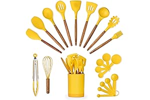 Acacia Wood-Handled Silicone Cooking Utensils Set with Spatulas, Whisk, Tongs and Holder Collection (Yellow)