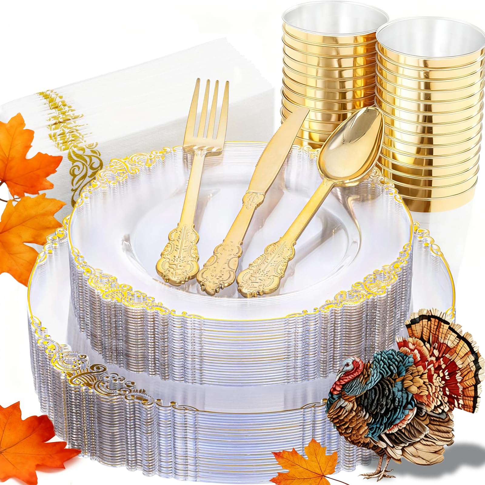 Nervure 175PCS Clear Gold Plastic Plates - Gold Disposable Dinnerware Set for 25 Guests Include 50 Disposable Plates, 75 Plastic Silverware, 25 Cups, 25 Napkins for Wedding & Party & Thanksgiving
