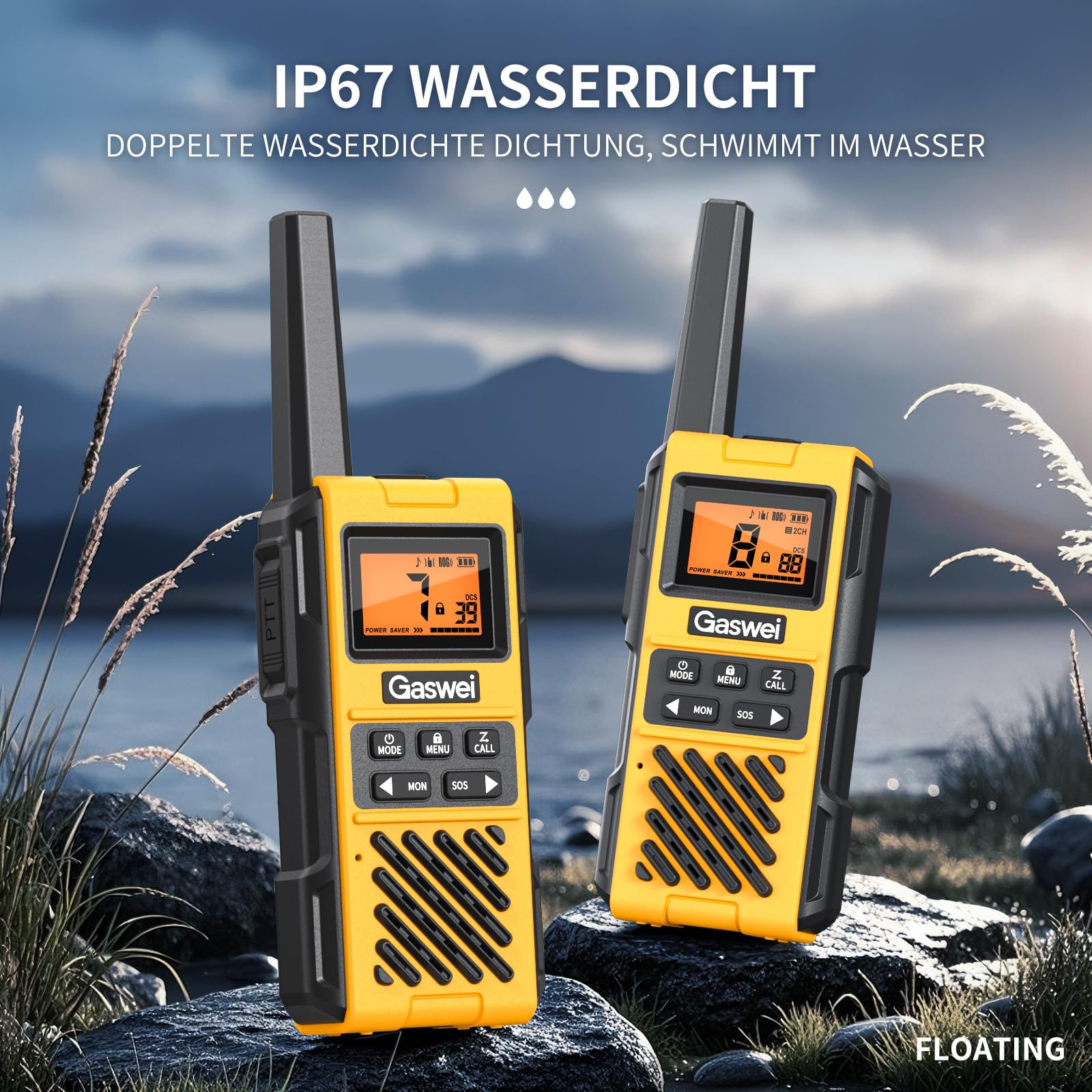 Gaswei G1pro+ IP67 wasserdichte Walkie-Talkies mit großer Reichweite | Lizenzfreies PMR 446 Funkgerät mit VOX-Handsfree, SOS-Notruf & FM-Radio für Camping, Outdoor, Reisen & Baustelle (2 Stück)