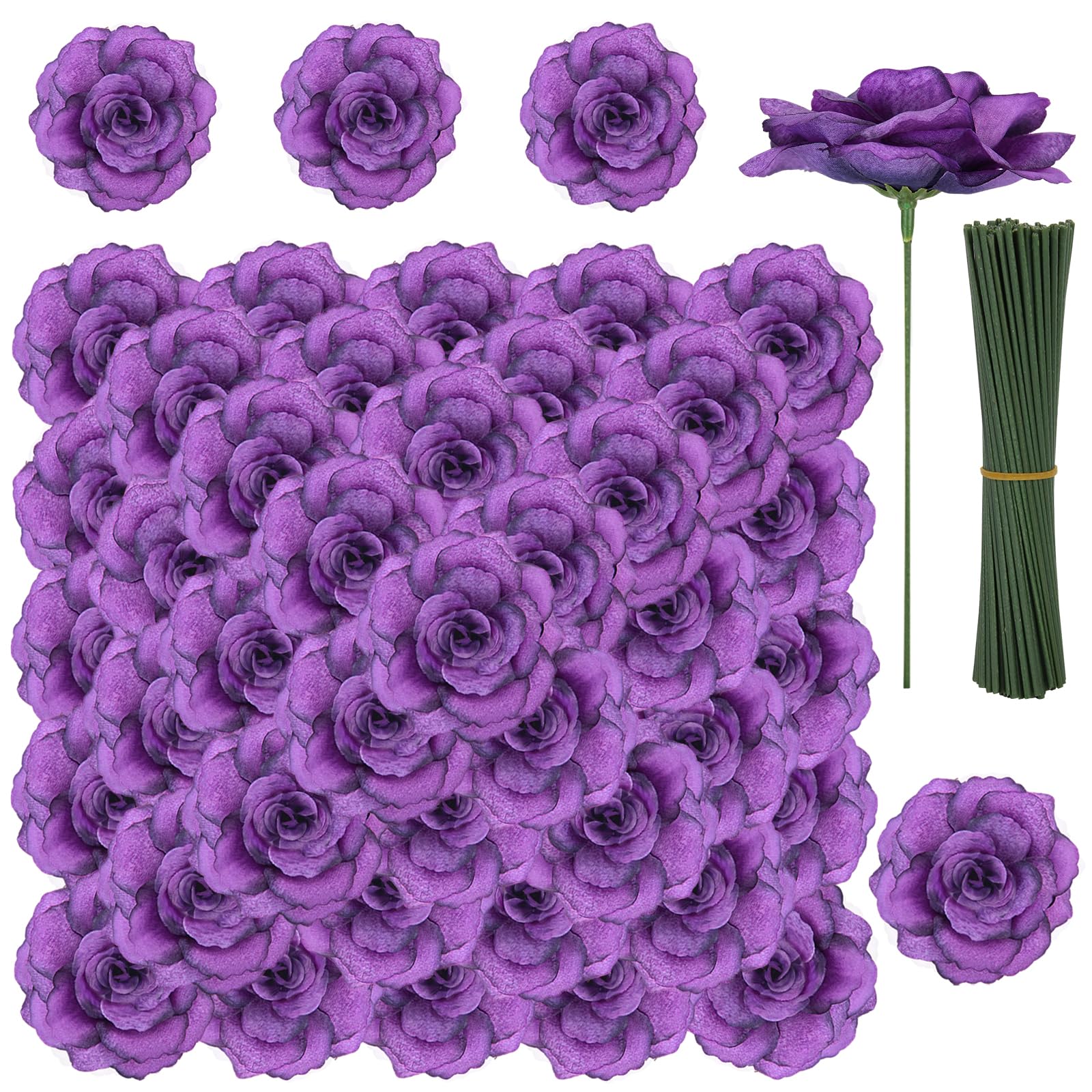 LELEE 108pcs Dark Purple Rose Head Flowers with Stem
