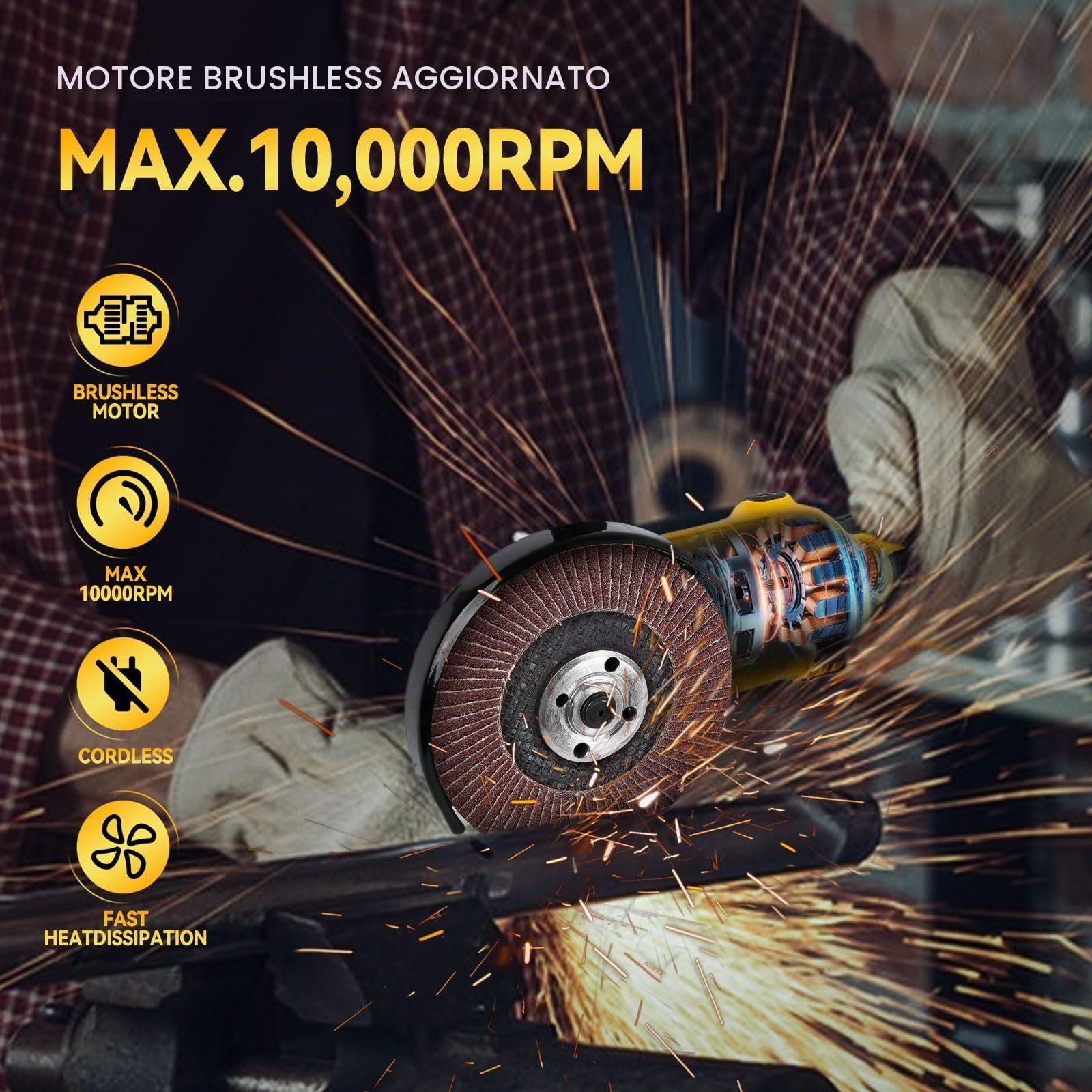 Smerigliatrice angolare senza fili per Dewalt batteria 18 V/20 V (senza batteria), 10000 giri/min, smerigliatrice senza spazzole con lame da 125 mm per taglio, rettifica, lucidatura (3 accessori)