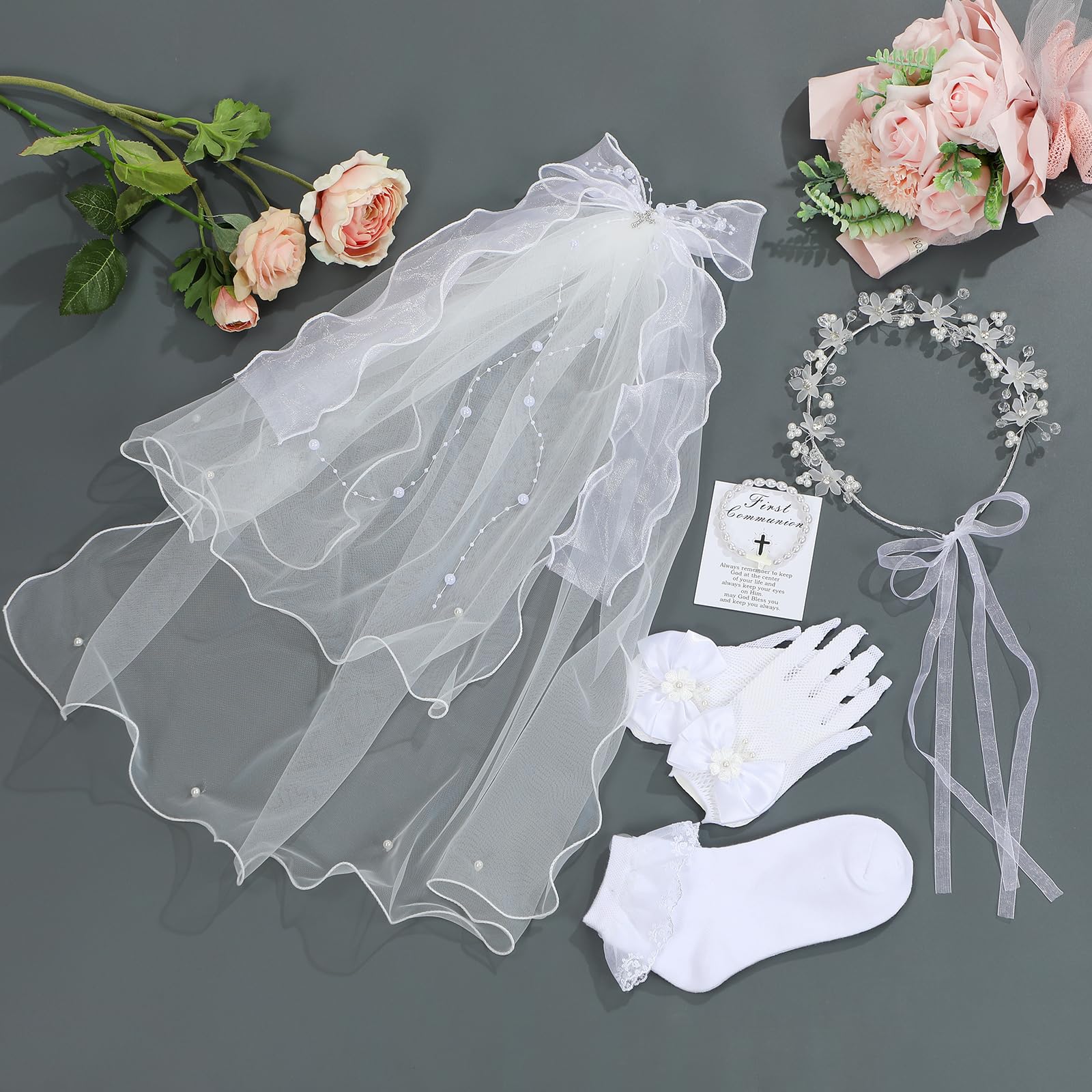 Yewkit First Communion Veils Set 1st Communion Wreath Veil Pearl Bracelet Gloves Sock Accessories