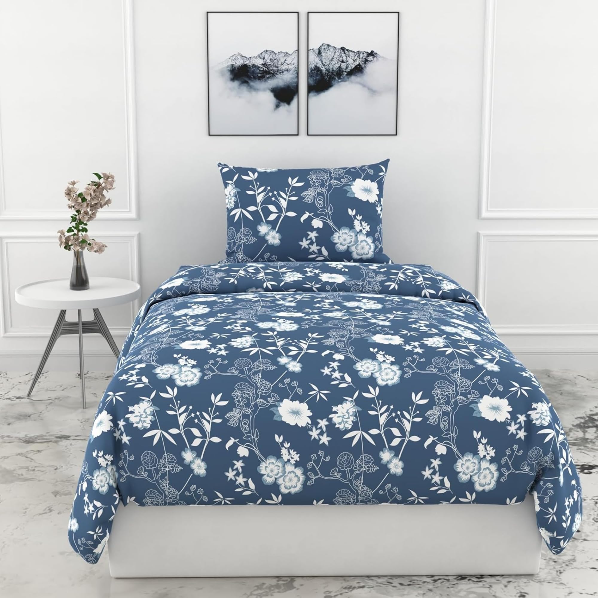 LORETO - A QUALITY LINEN BRAND 100% Pure Cotton Bedsheet for Single Bed, 144TC Soft & Breathable Single Bed Sheet with Pillow Cover (Indigo Blue Vine Blooms, 54 x 84 Inches)