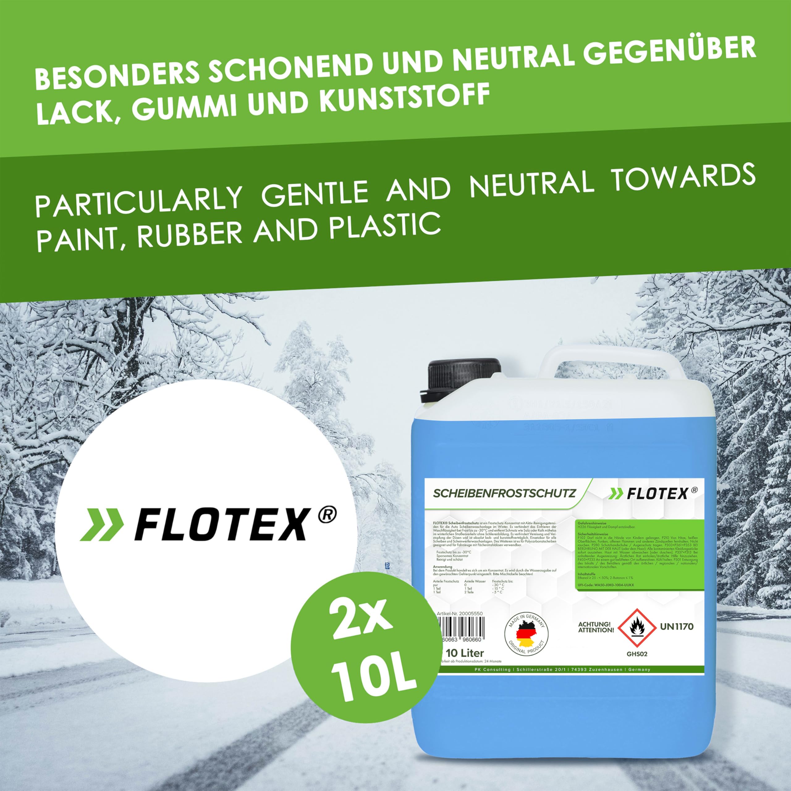Scheibenfrostschutz Konzentrat 2 x 10L – Hocheffektiver Scheibenwasser Frostschutz bis -30°C – Absolut rein & schlierenfrei - Sofort mischbereit – Angenehmer Citrusduft